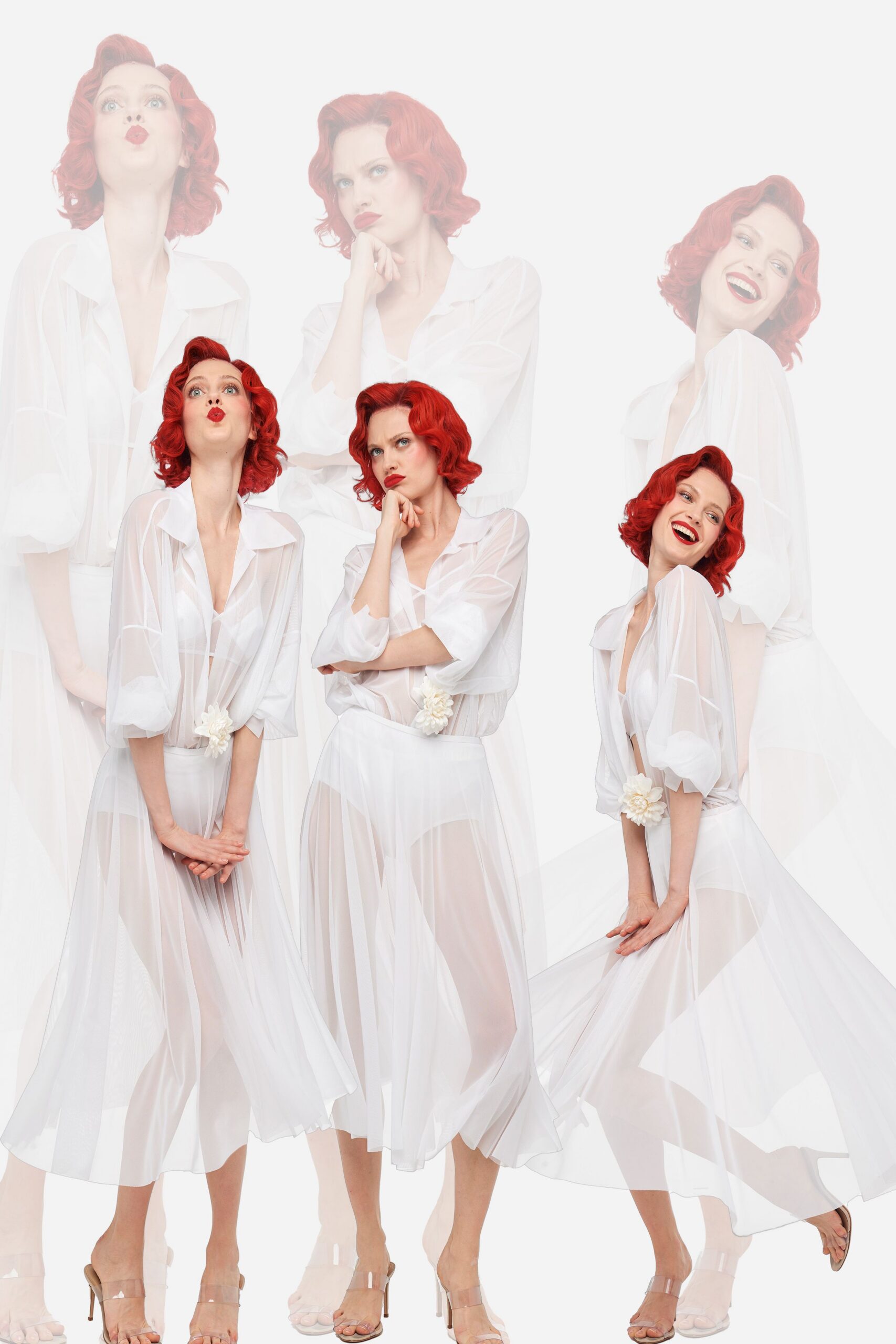 white chiffon long-sleeve collared relaxed pleated sheer dress