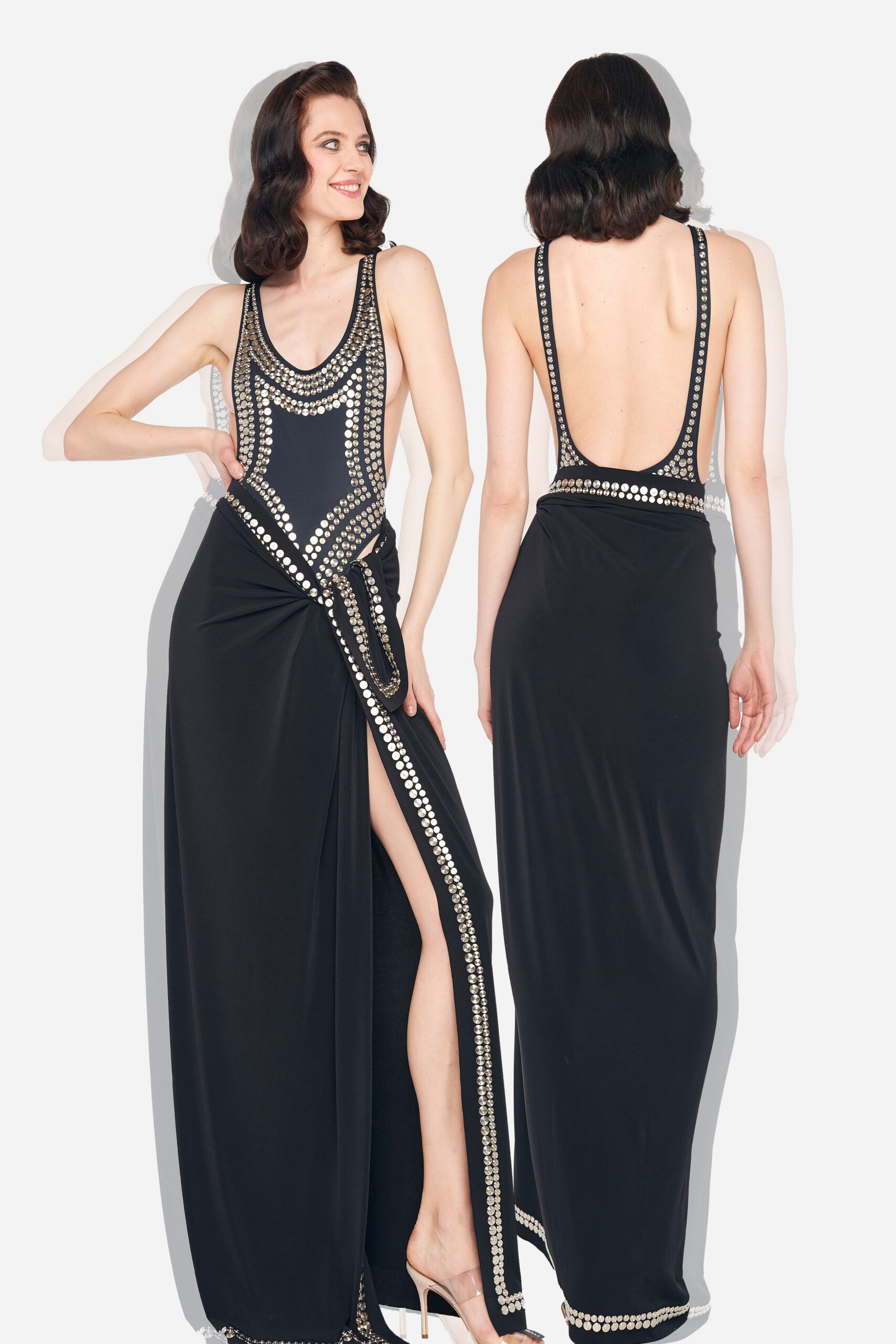 black beaded backless gown