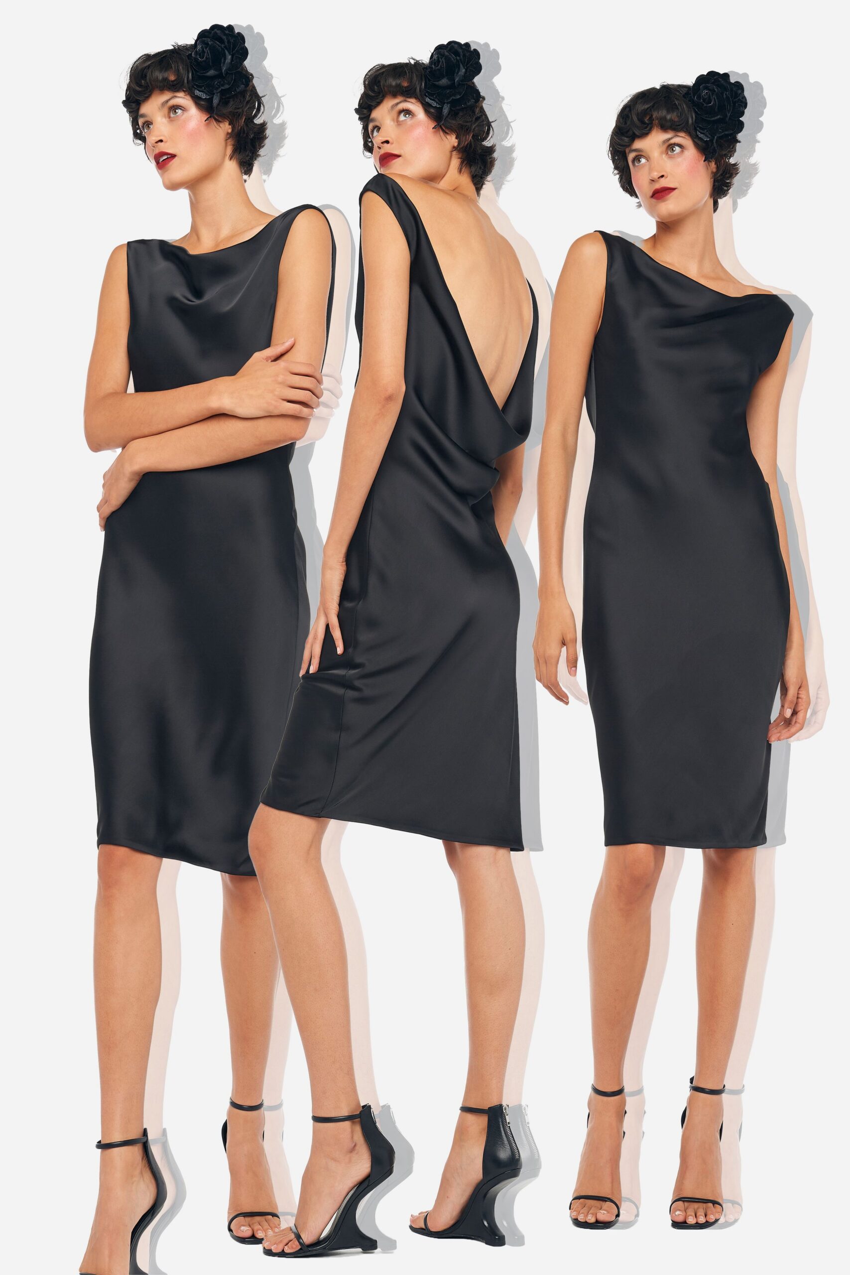 black satin sleeveless v-neck fitted draped shiny dress