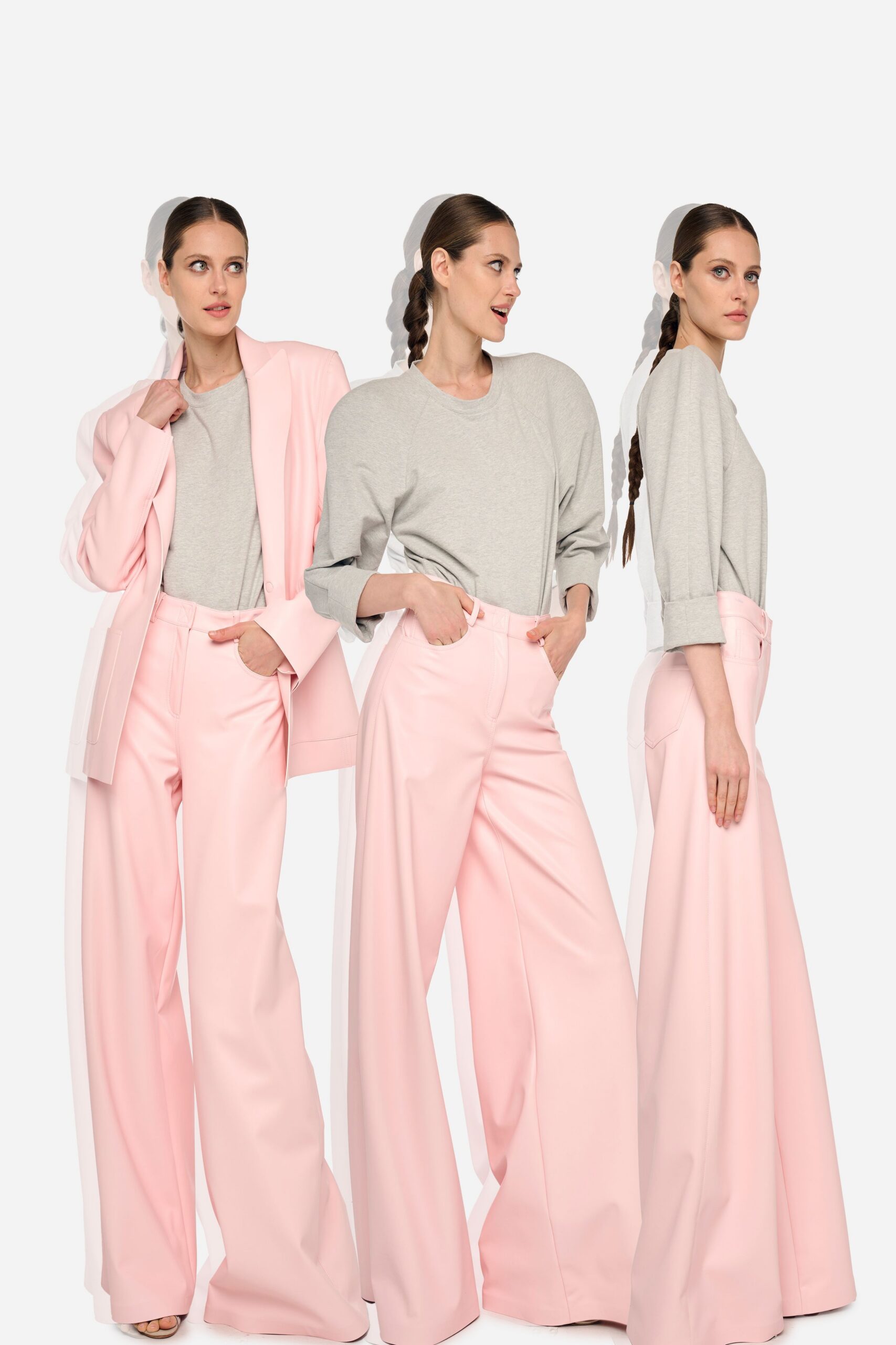pink tailored blazer gray top wide-leg pants