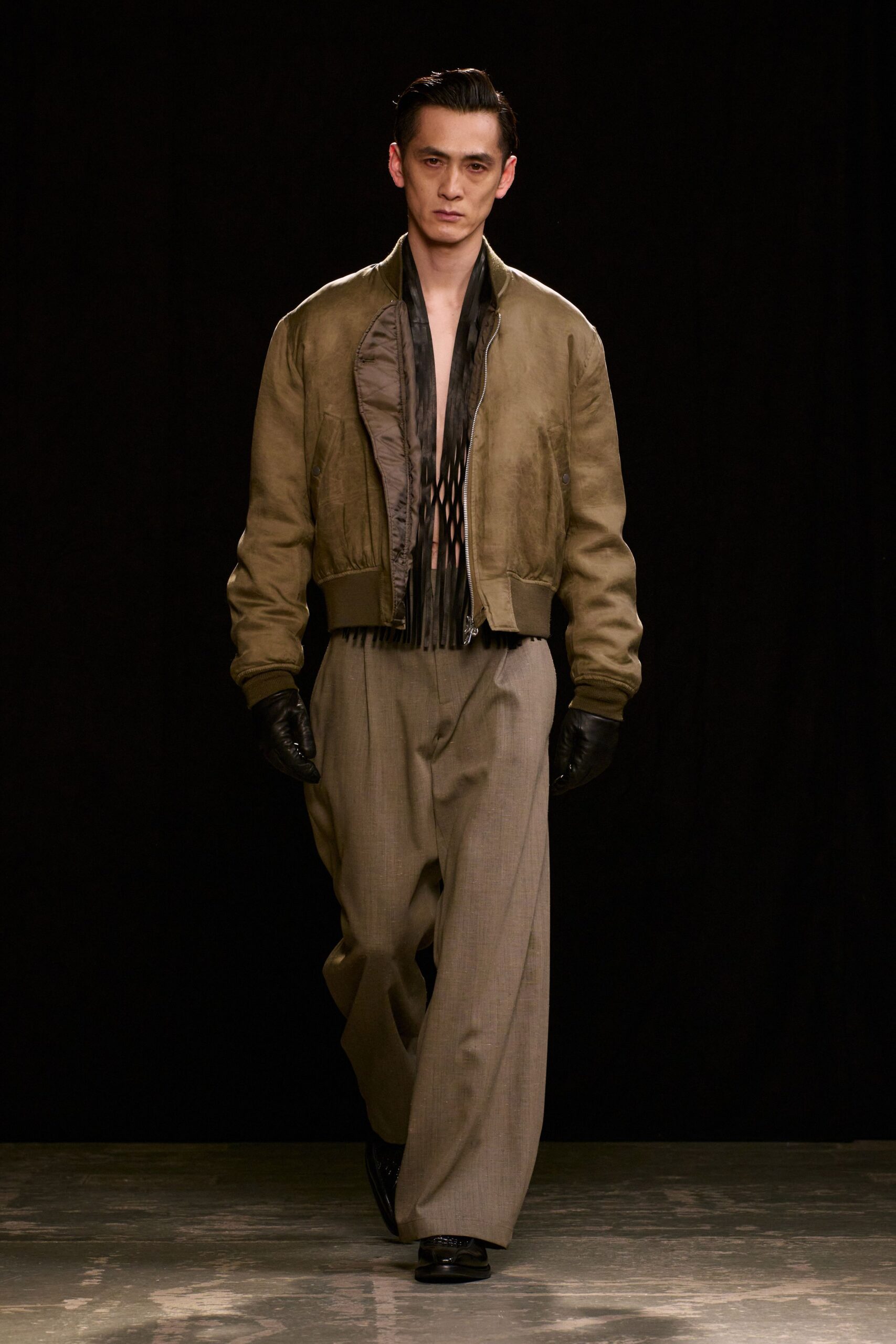 brown leather jacket gray pants