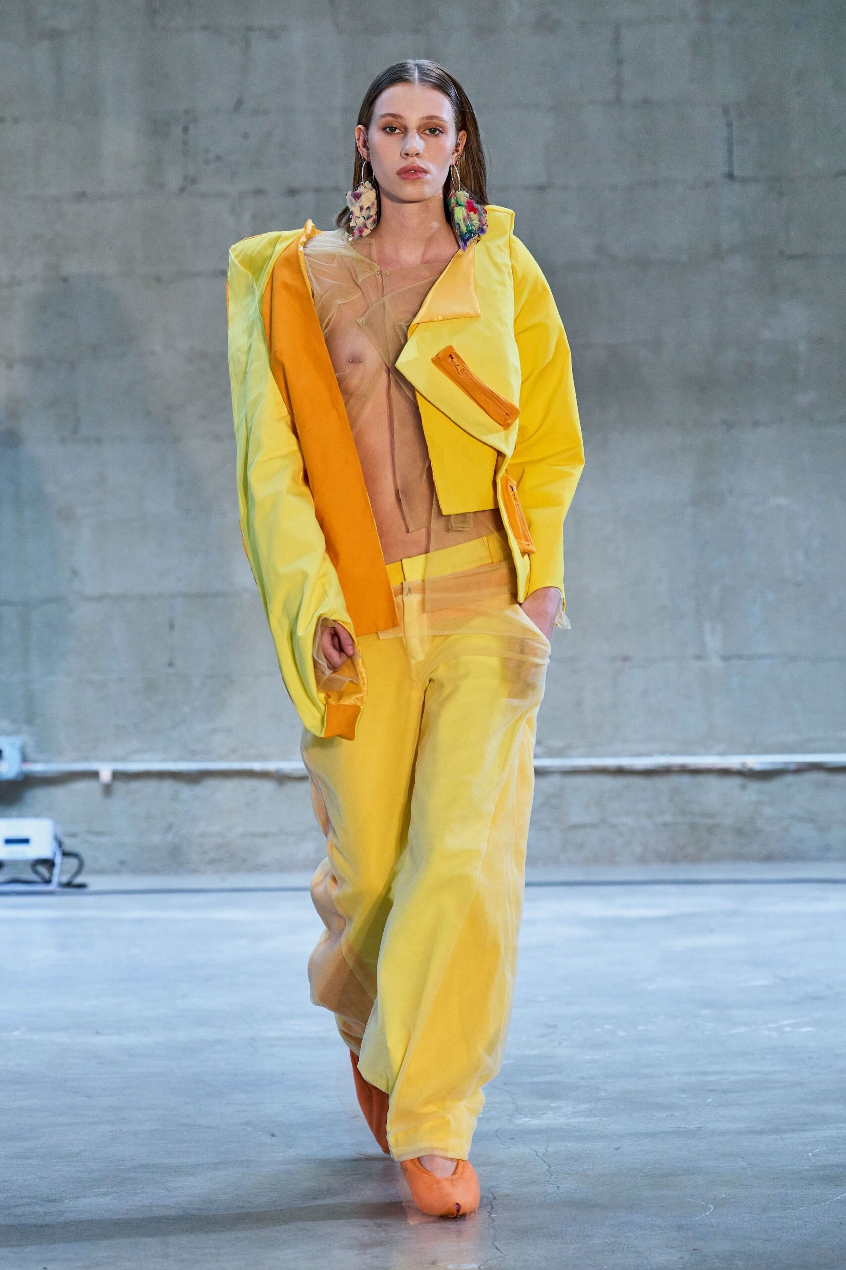 yellow cotton long-sleeve collared oversized zippered sheer jacket