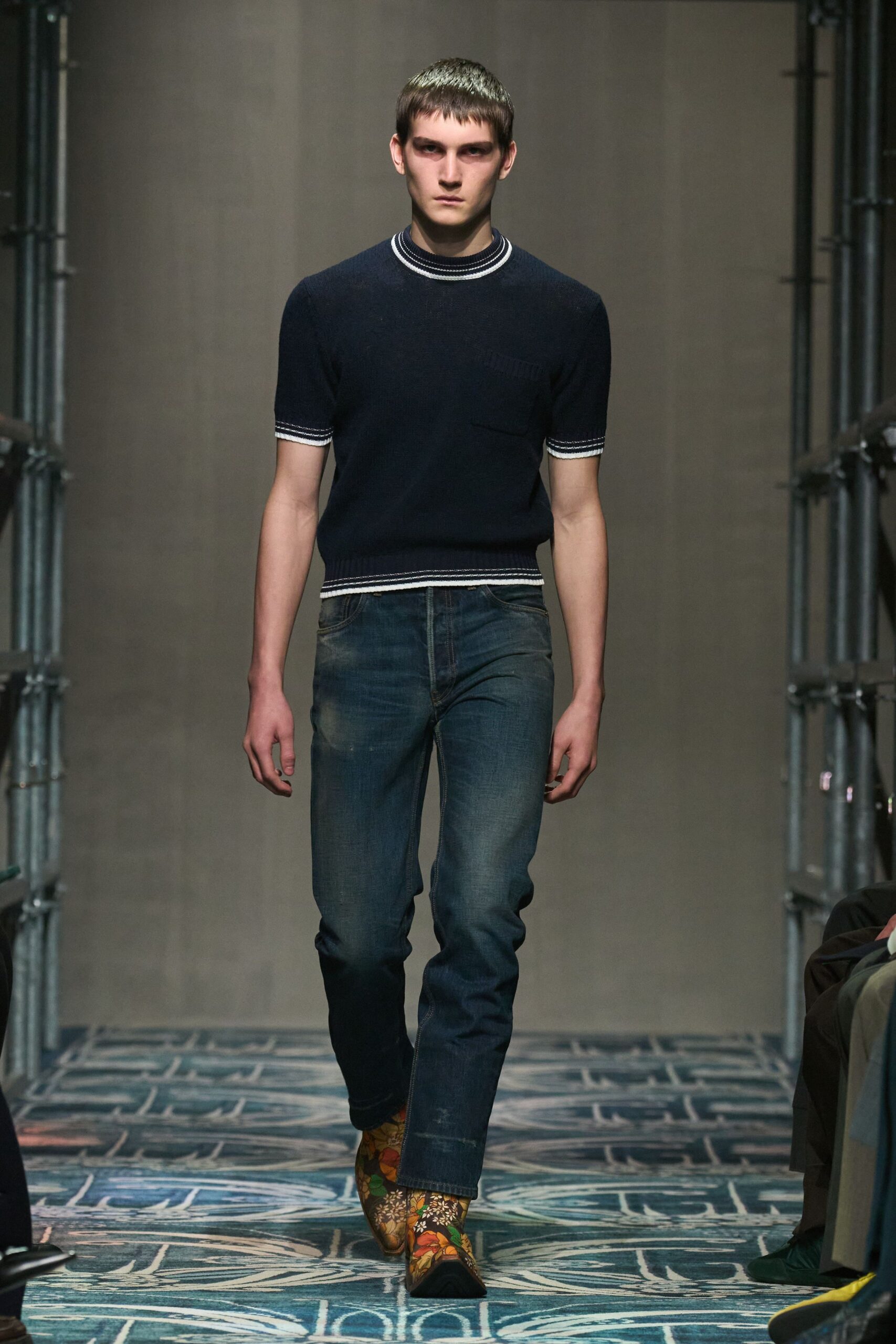 navy fitted top with jeans