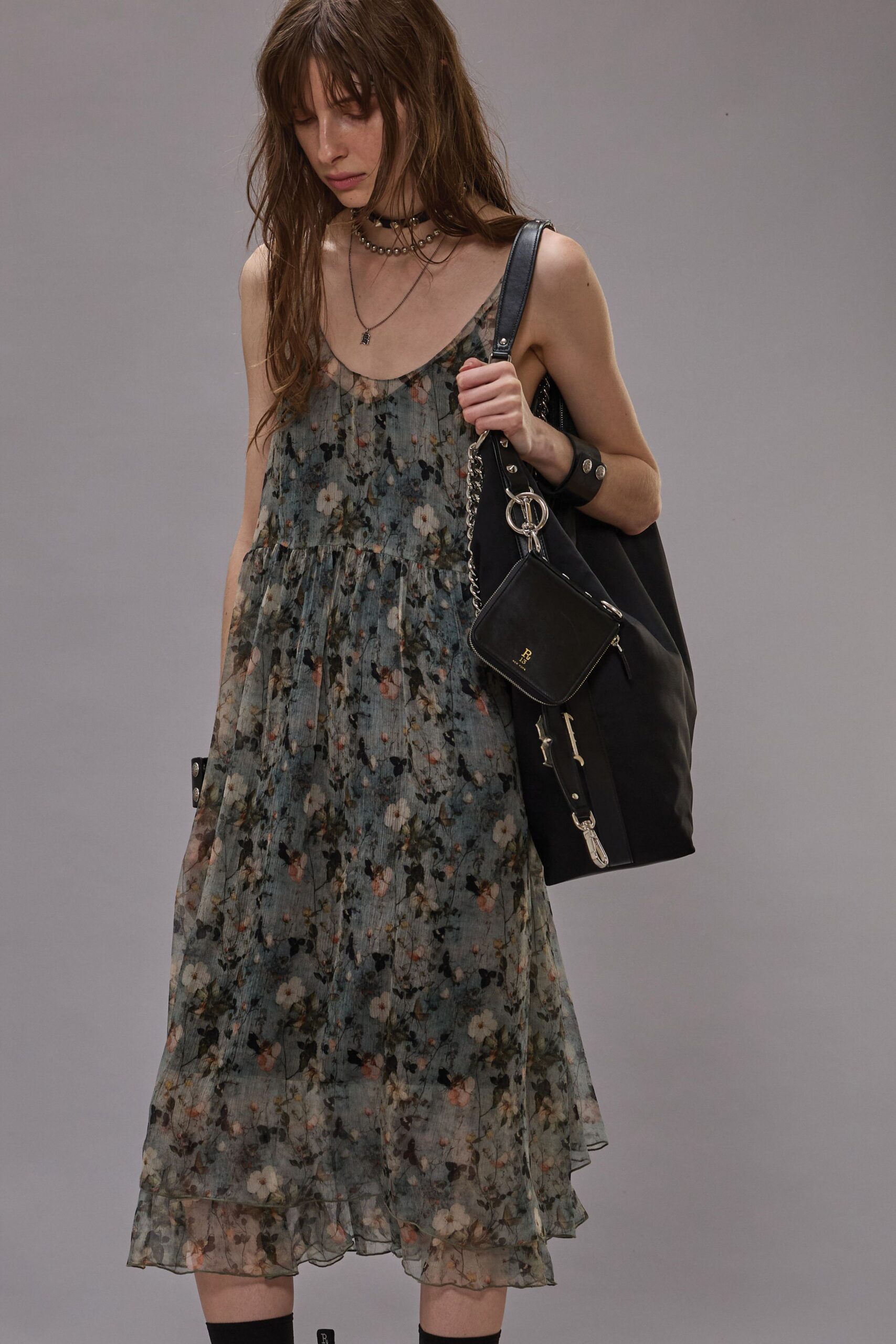 multi floral midi dress with bag