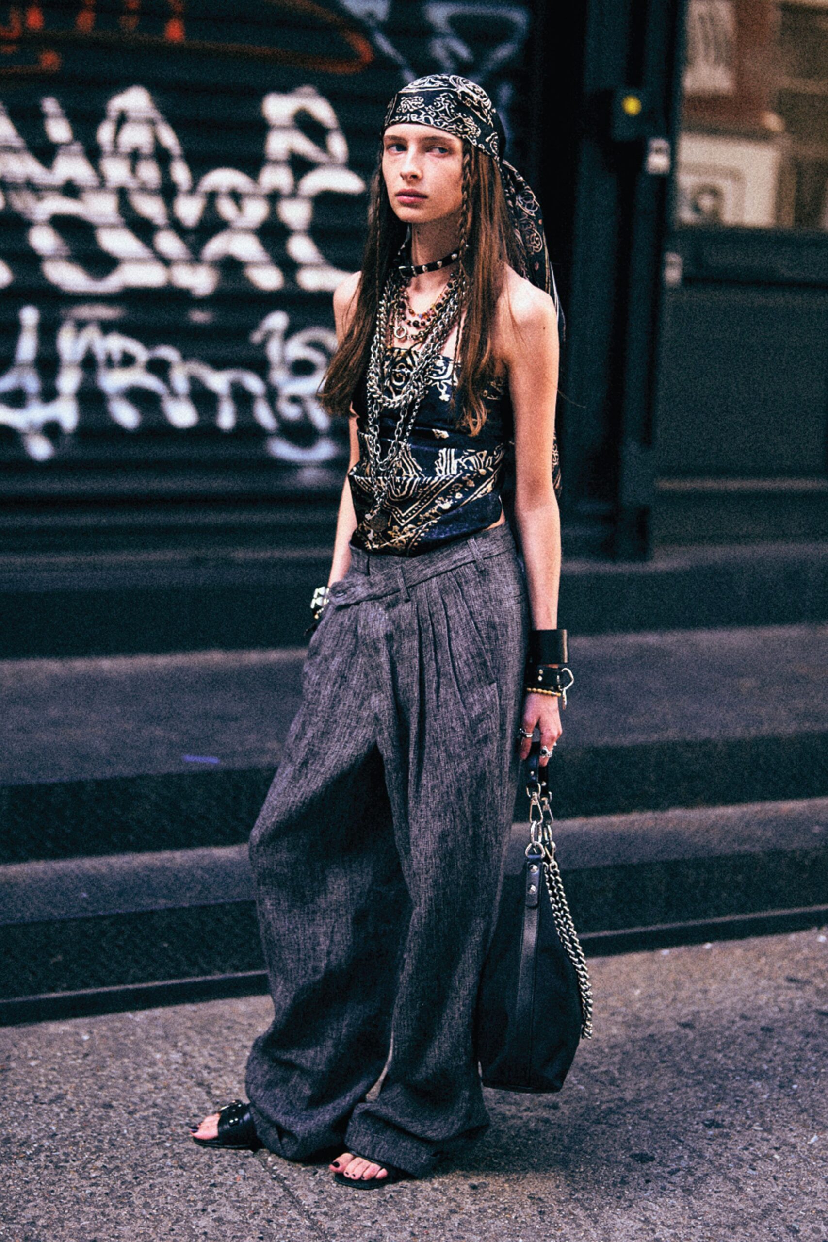 black silk top gray linen pants