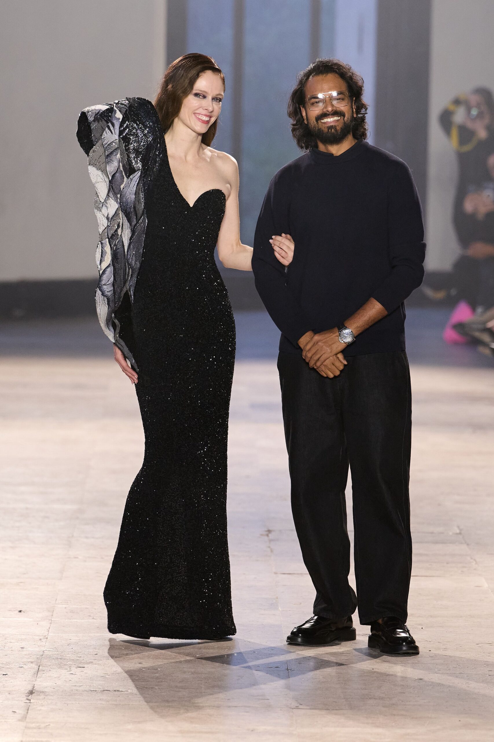 black silk strapless asymmetric fitted sequined shiny gown