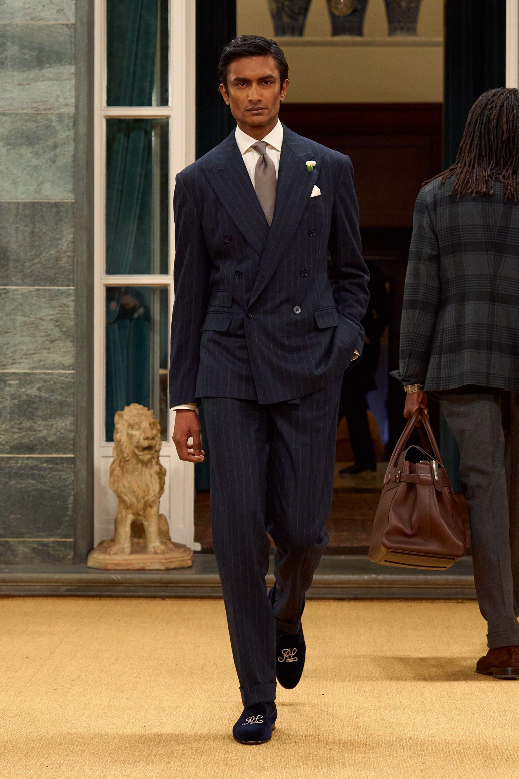 navy tailored suit with velvet shoes