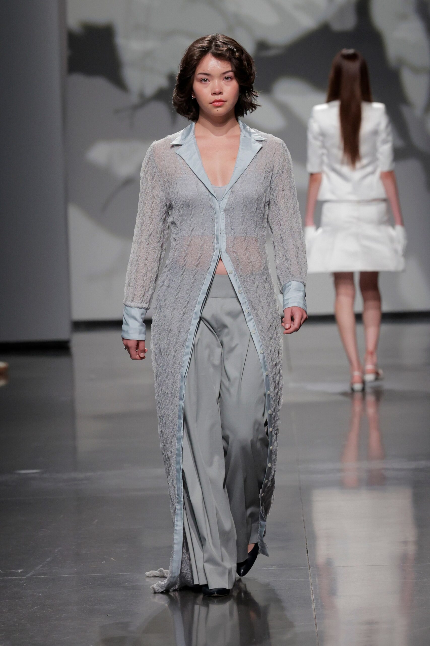 gray silk fitted straight-leg pants