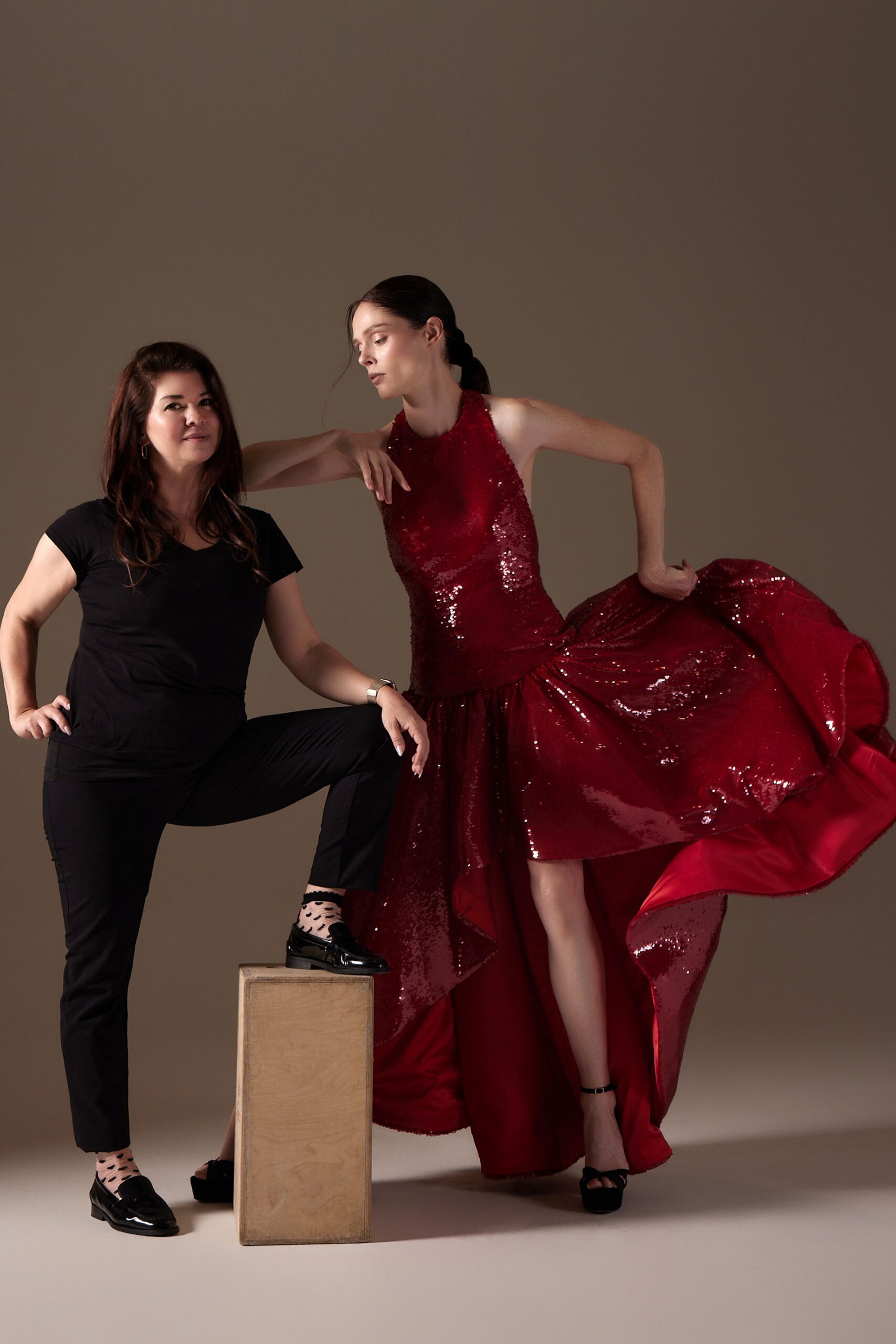 red sequin sleeveless high-neck fitted layered flared gown