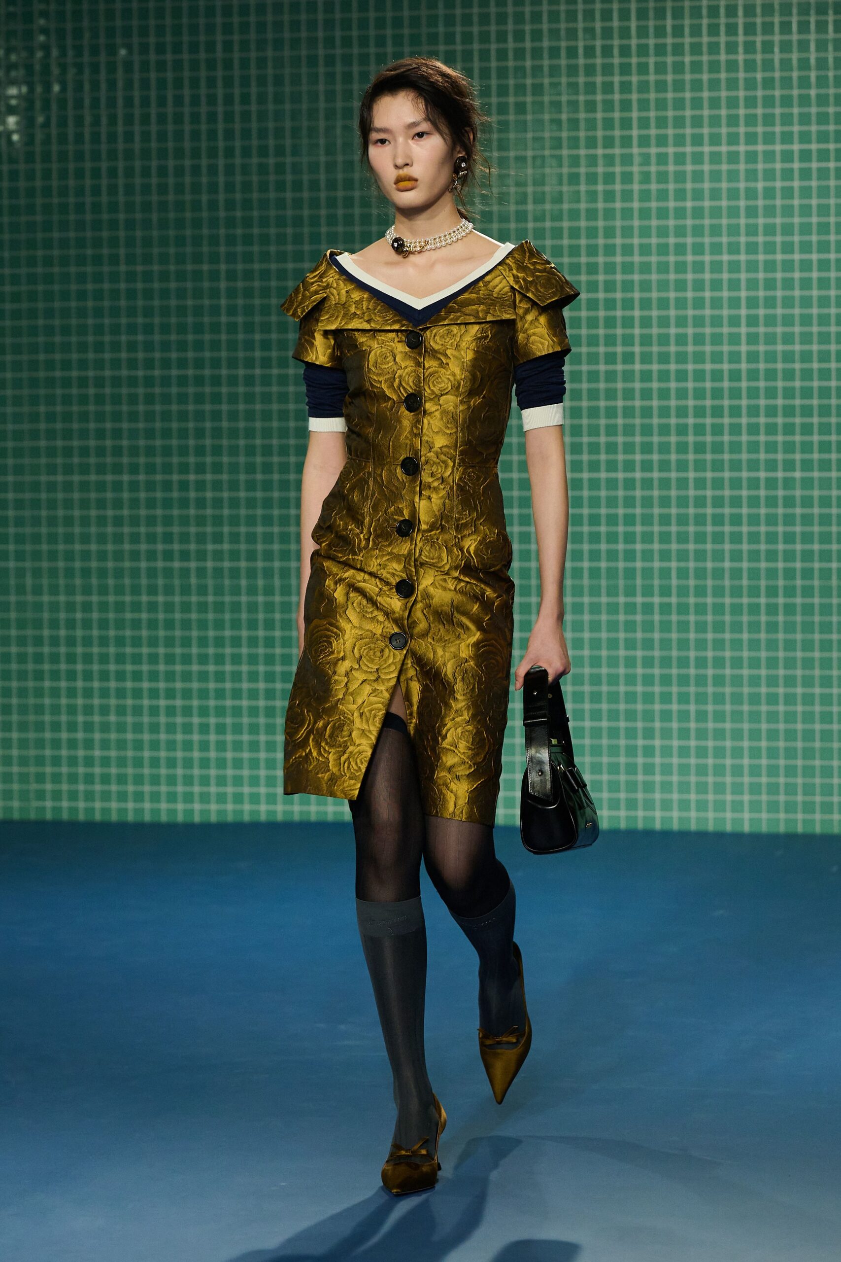 gold silk short-sleeve v-neck fitted buttoned pleated dress