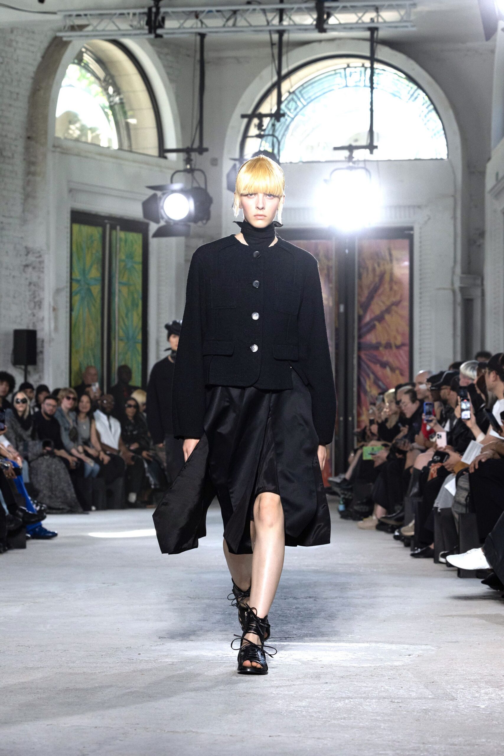 black silk asymmetric fitted draped midi skirt