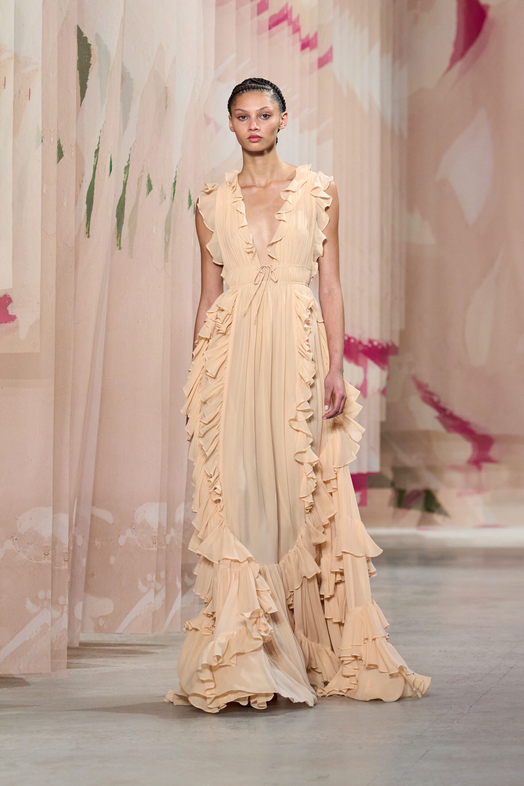beige silk sleeveless gown