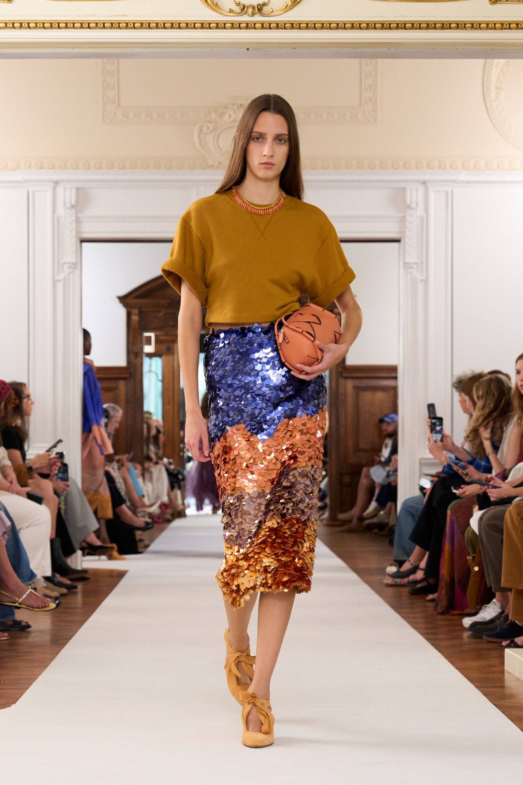 orange sequin fitted tiered shiny skirt
