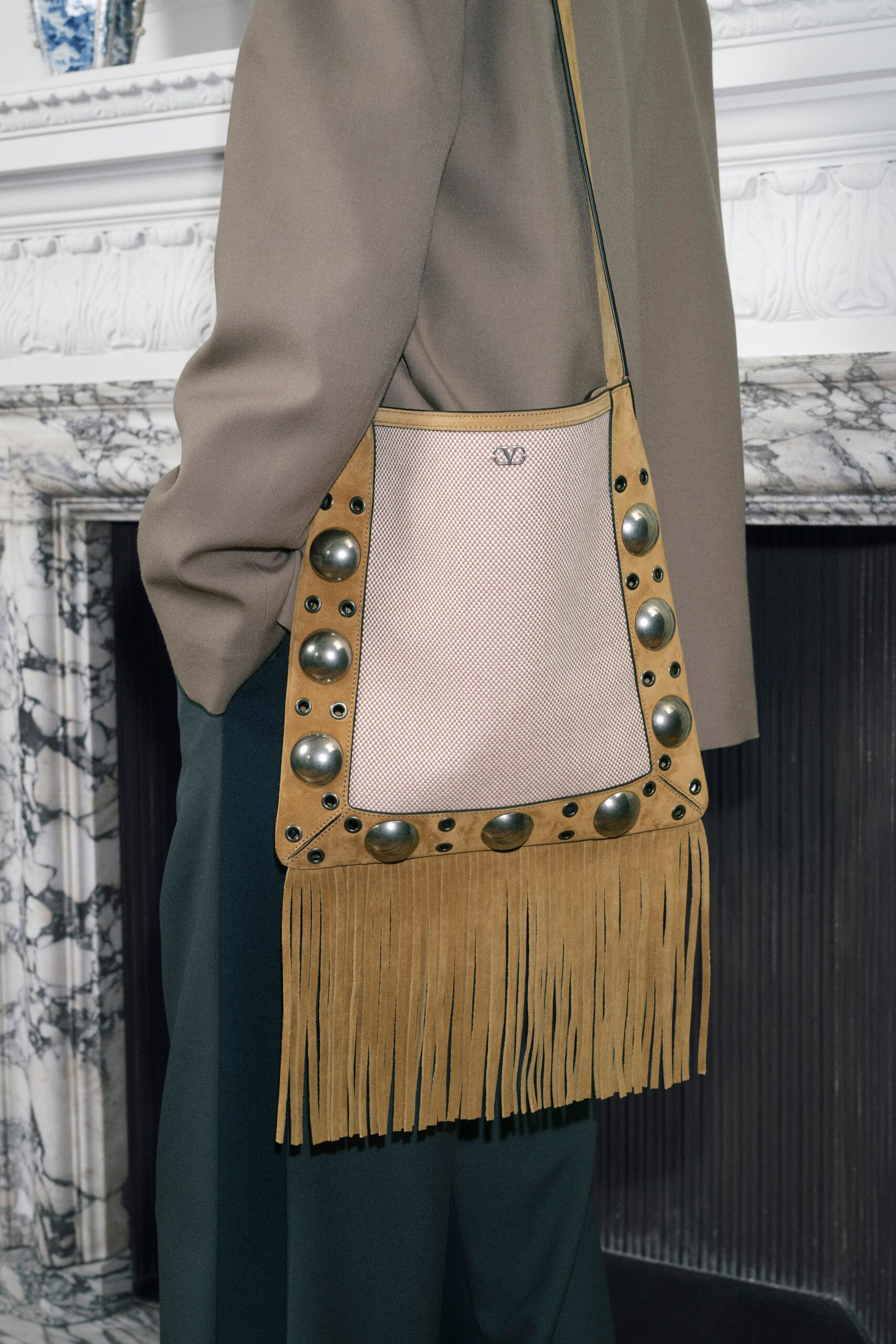 tan suede fringed embellished bag