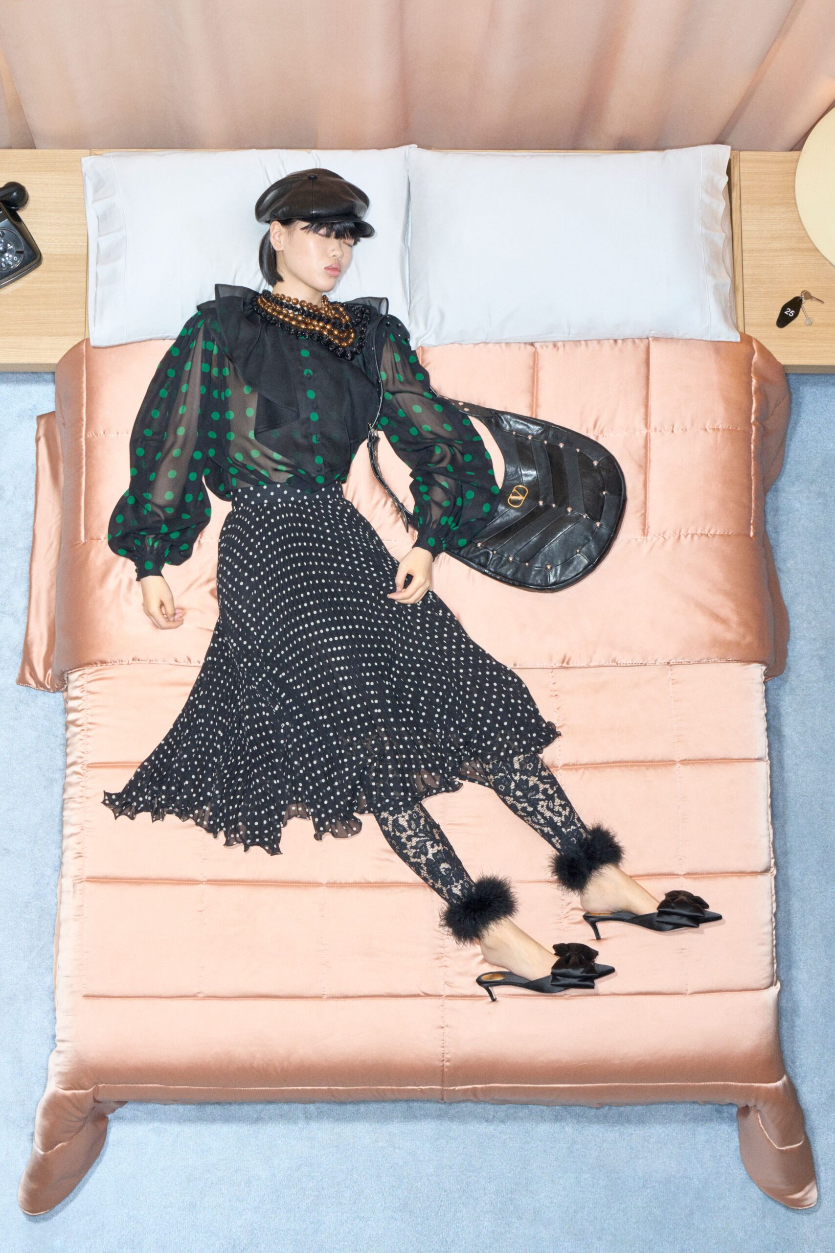 black silk long-sleeve collared fitted polka-dot ruffled blouse