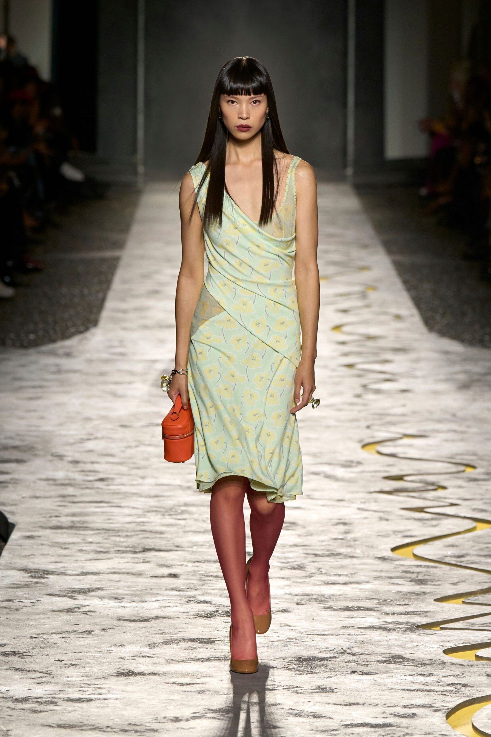 yellow silk sleeveless v-neck fitted floral draped dress