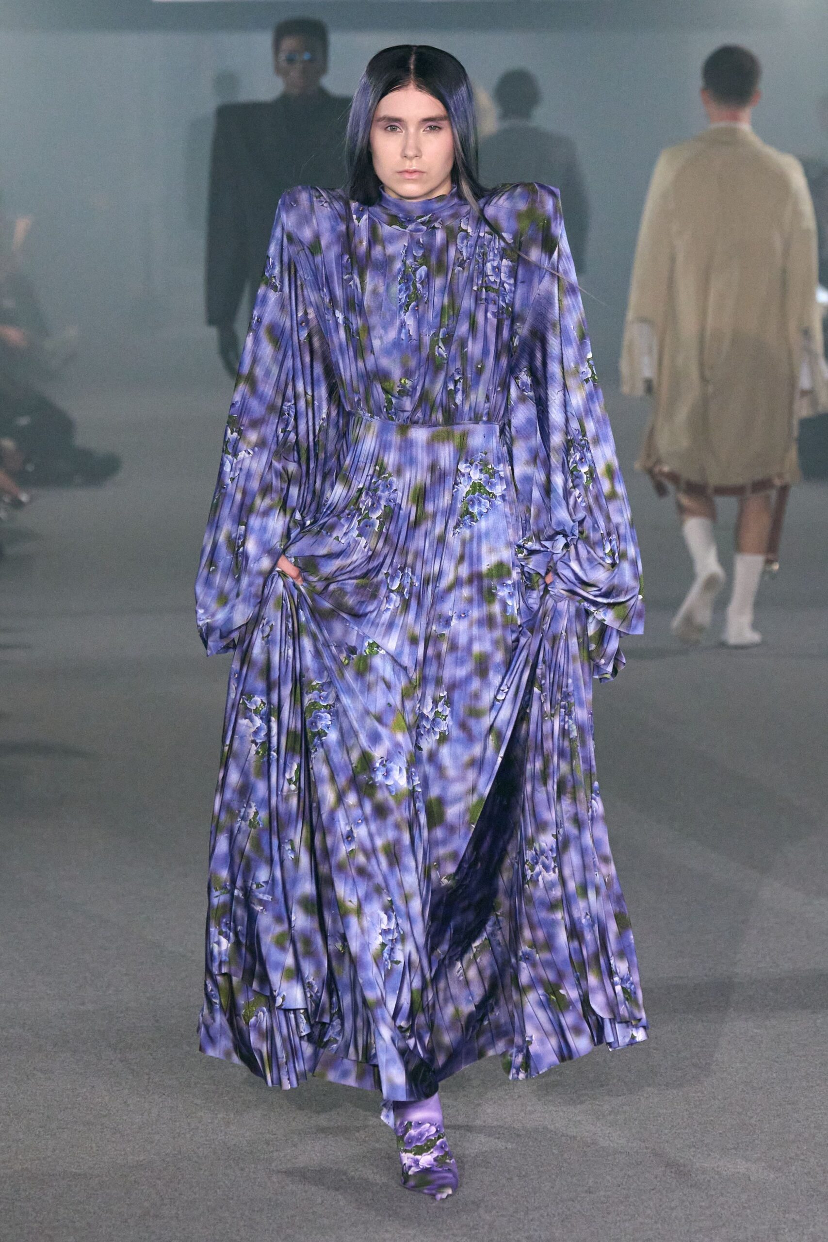 purple pleated floral maxi dress