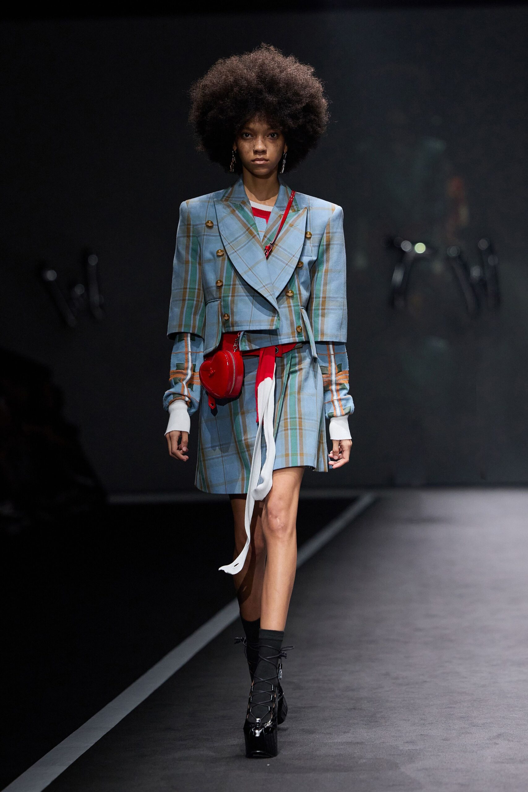 blue cotton long-sleeve collared structured checked buttoned blazer