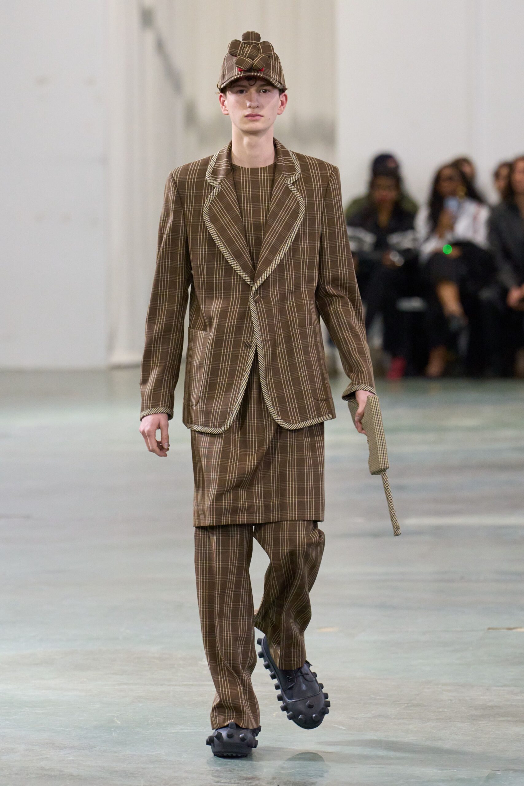 brown striped tailored suit