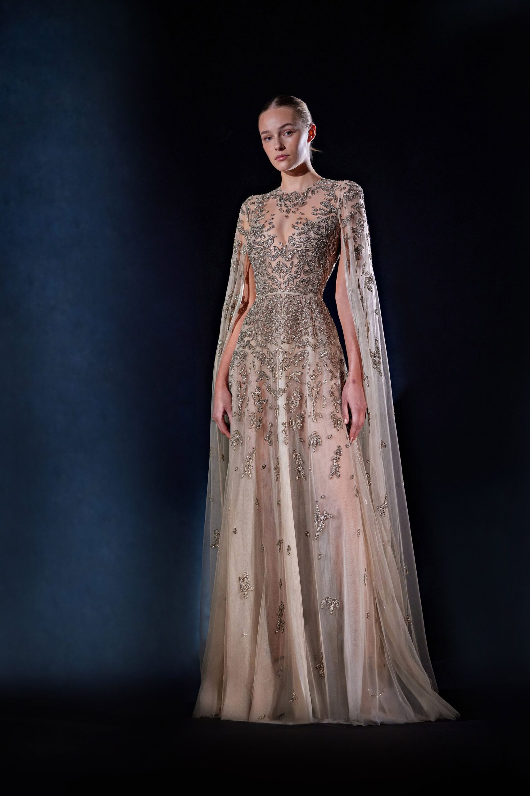 beige gold embroidered gown