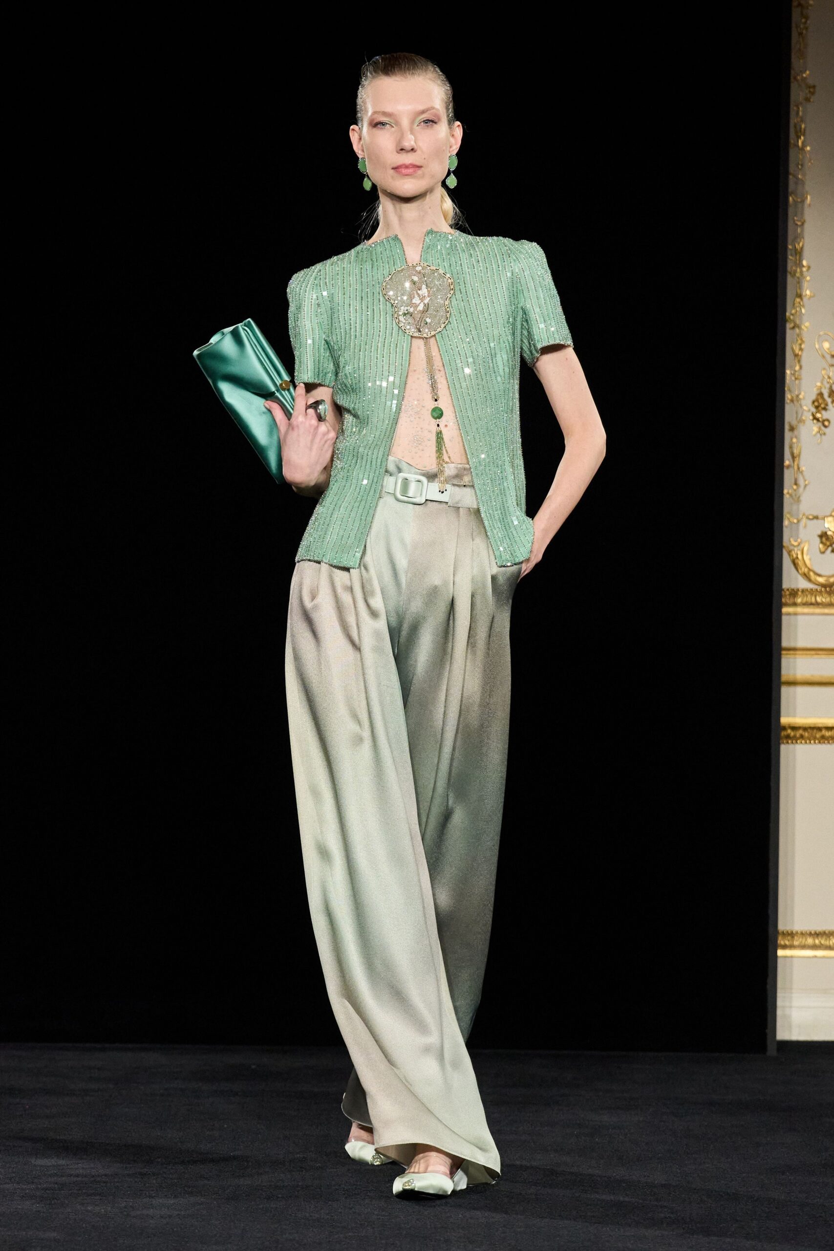 green silk short-sleeve v-neck fitted sequined shiny jacket
