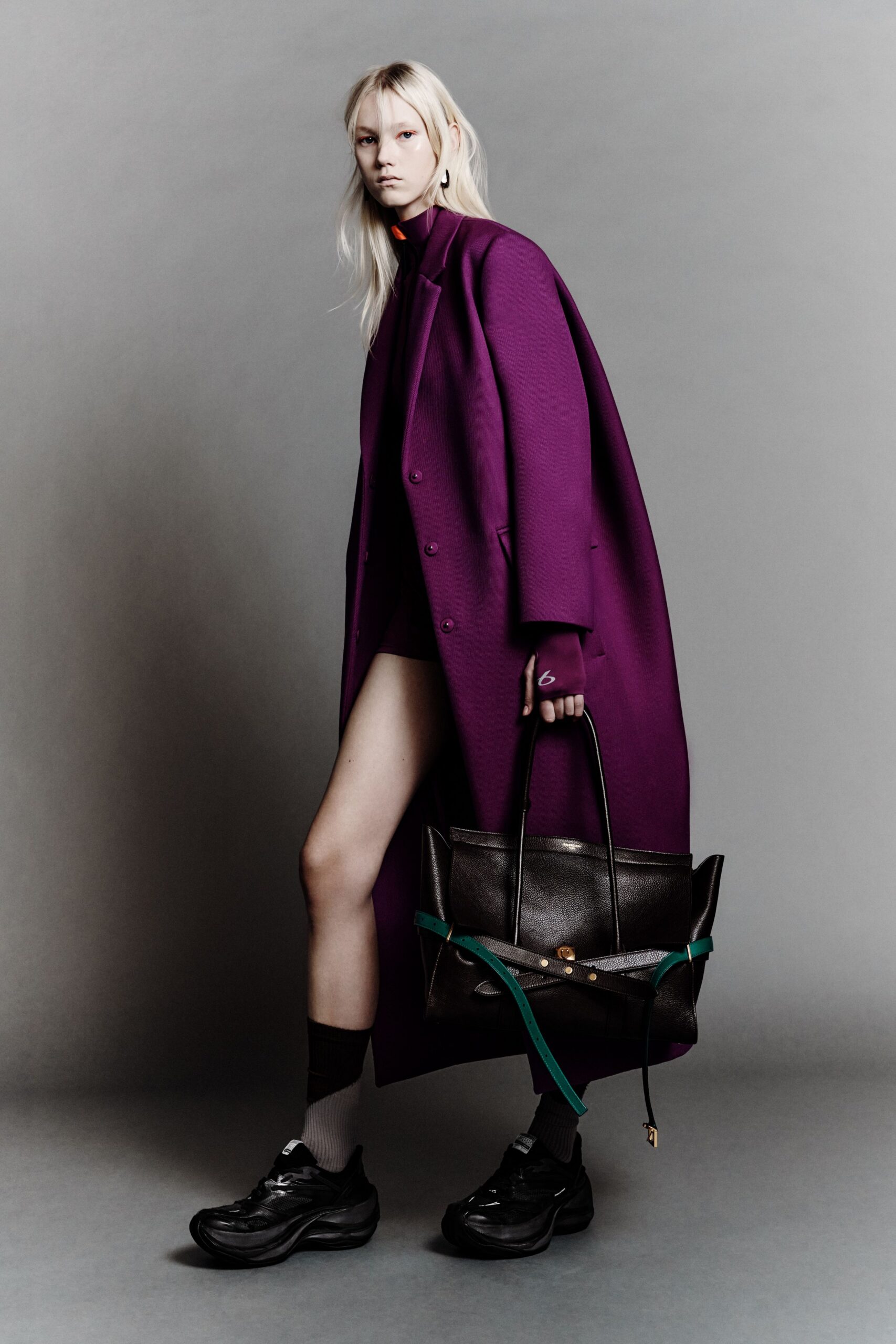 purple wool long-sleeve collared oversized buttoned maxi coat