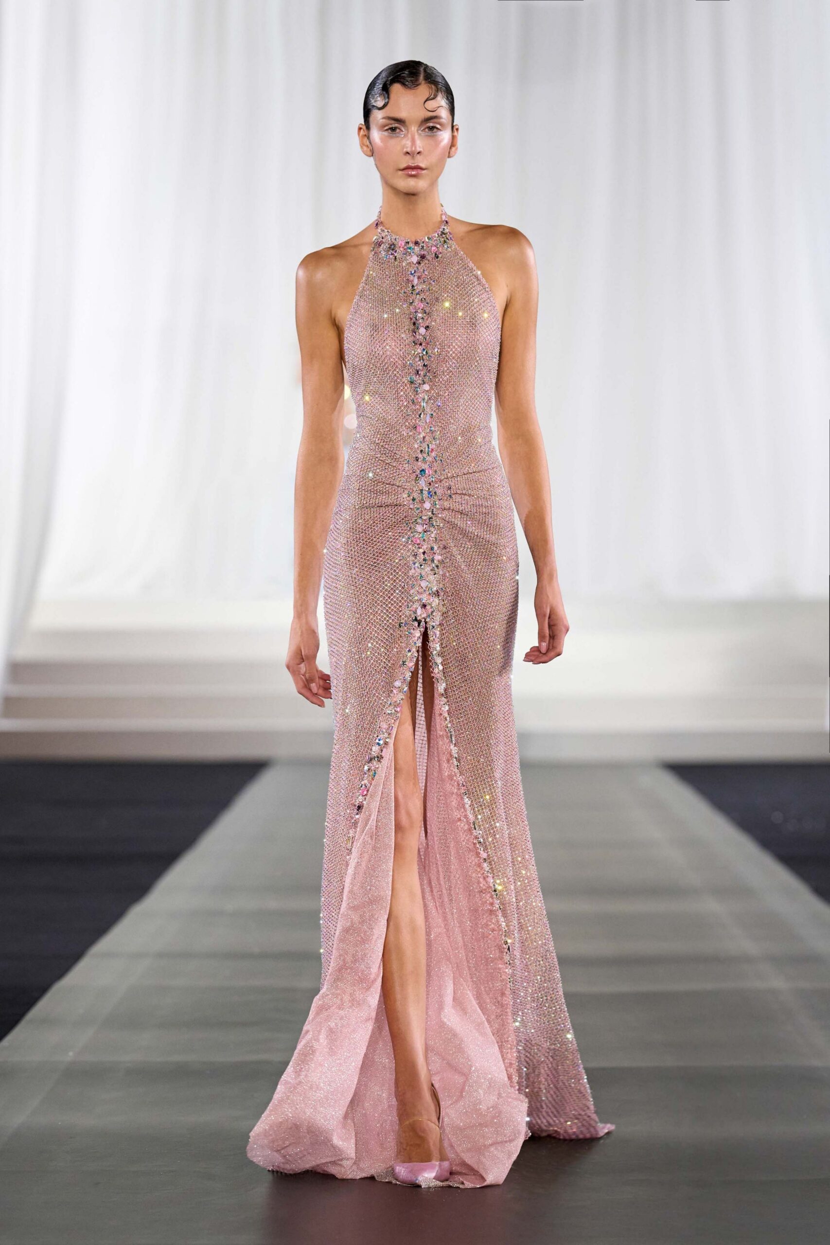 fitted pink sequined gown
