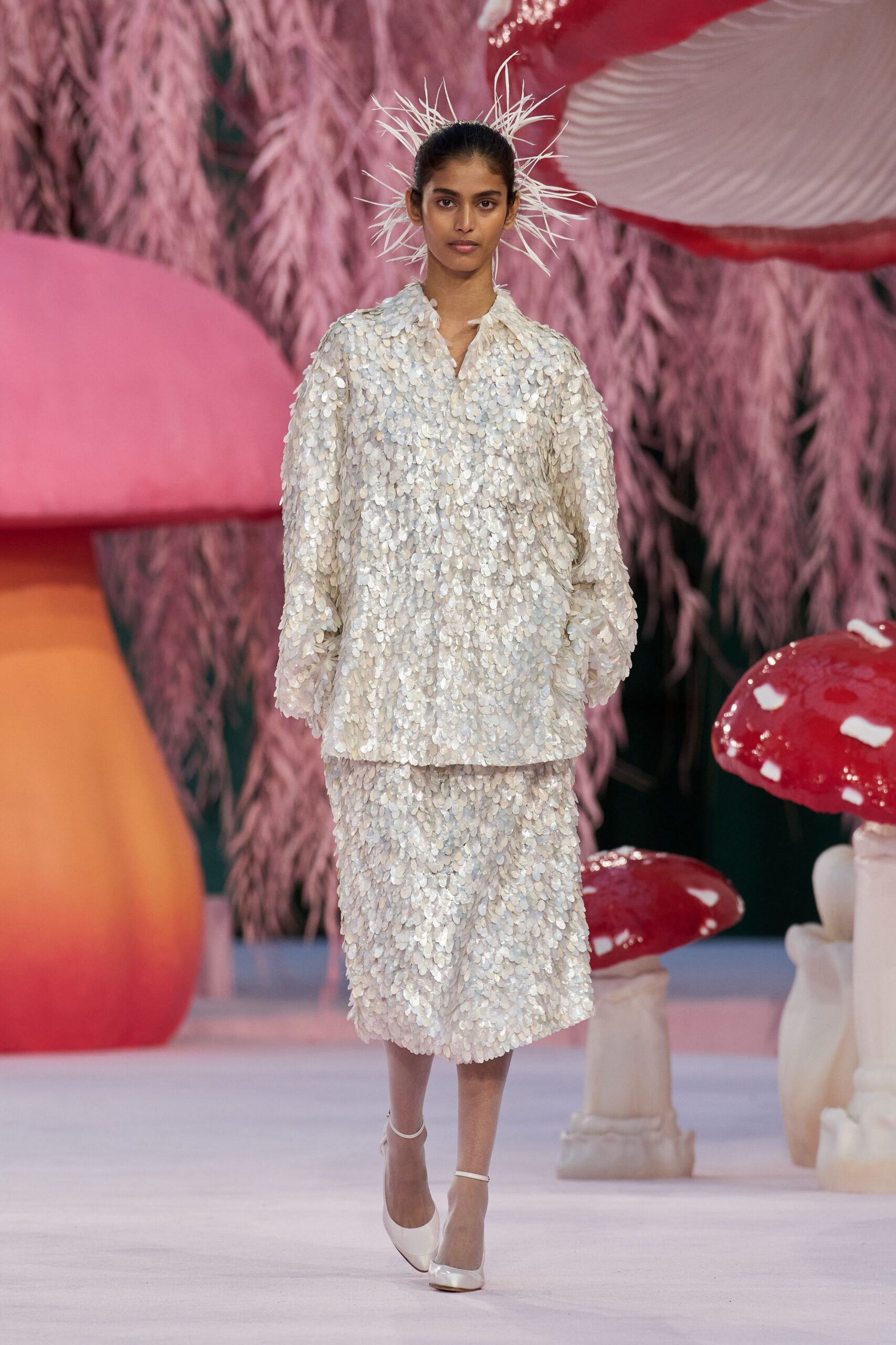 white silk long-sleeve collared relaxed sequined shiny top