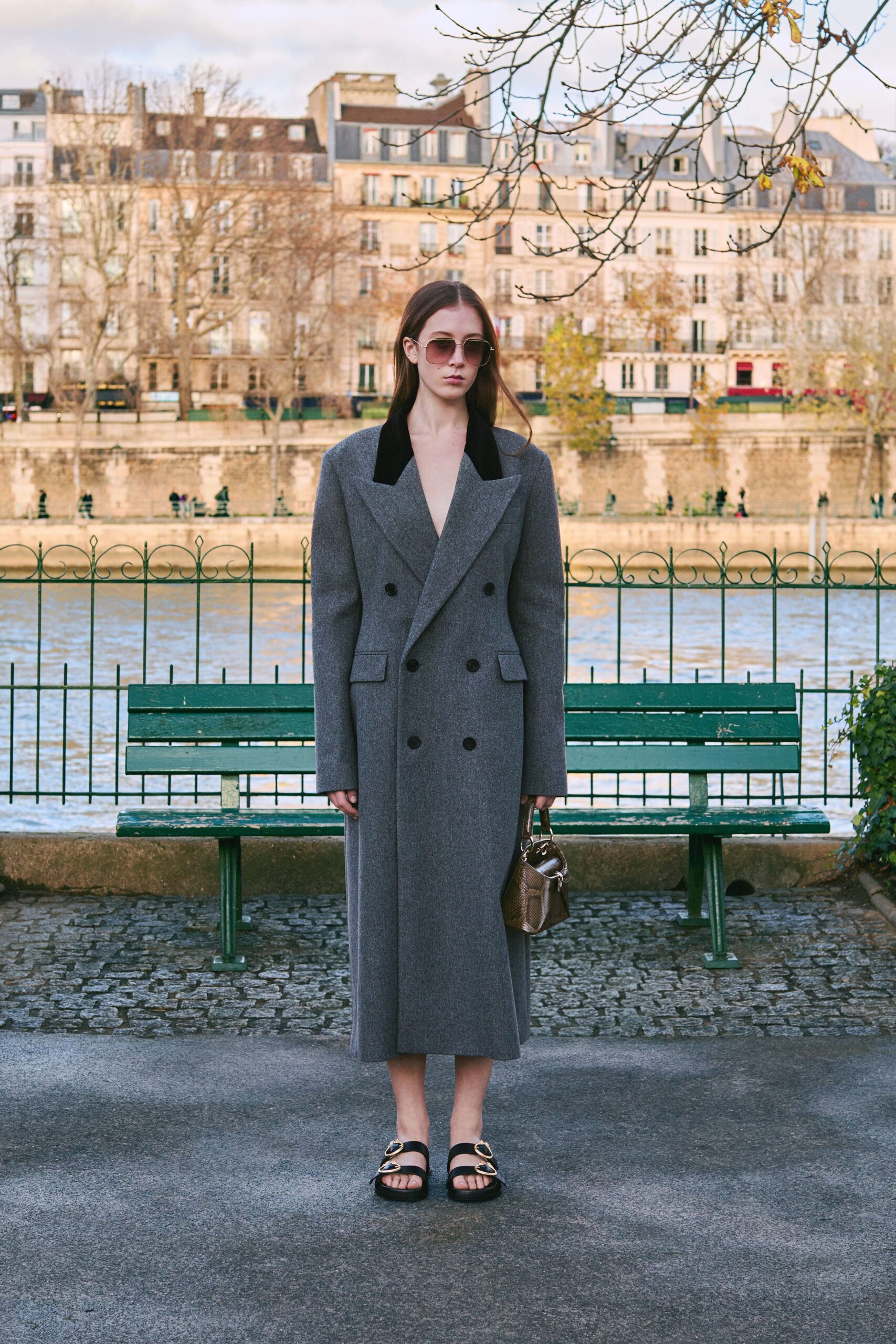 gray wool long-sleeve collared tailored buttoned midi coat