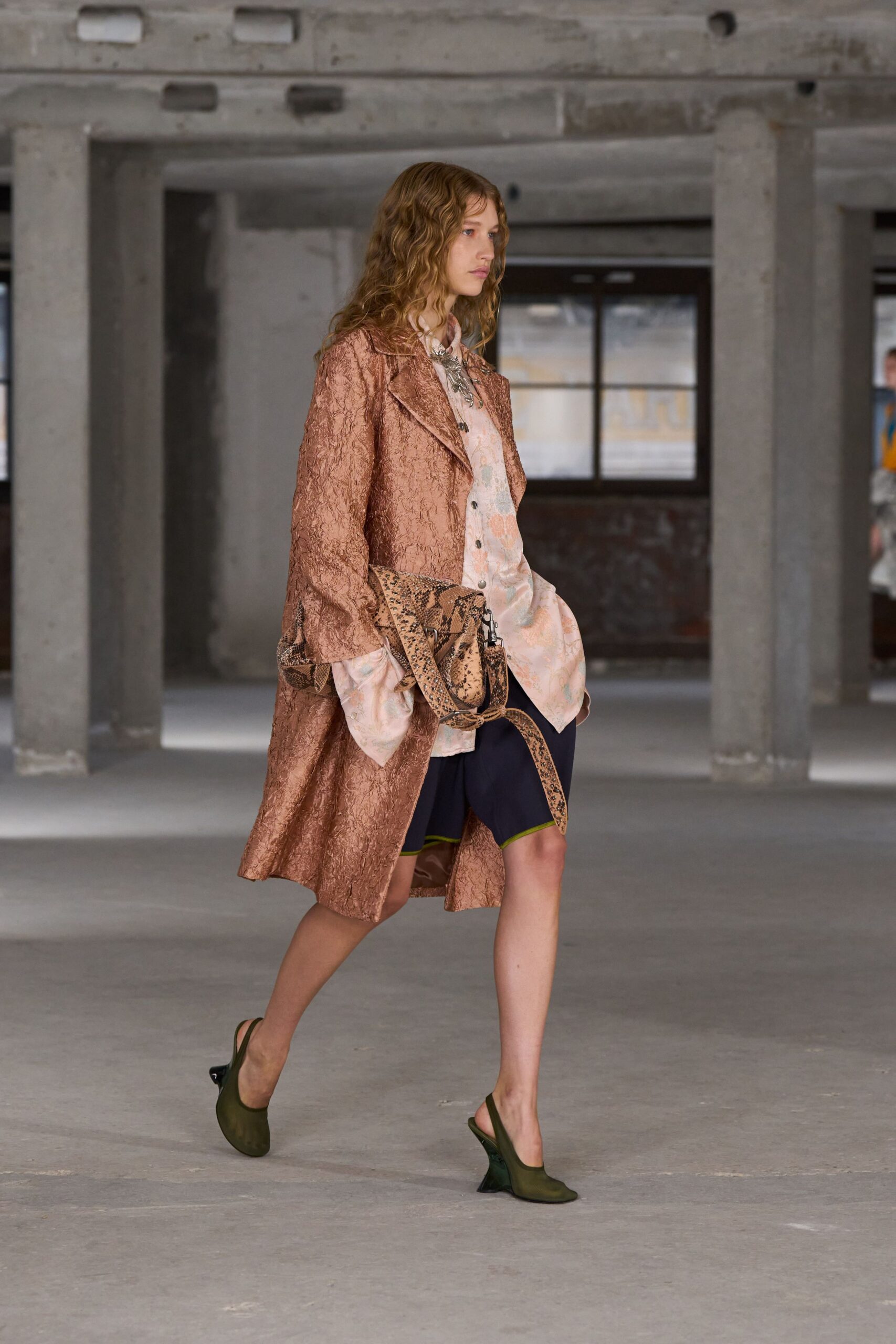 brown silk long-sleeve collared relaxed layered coat