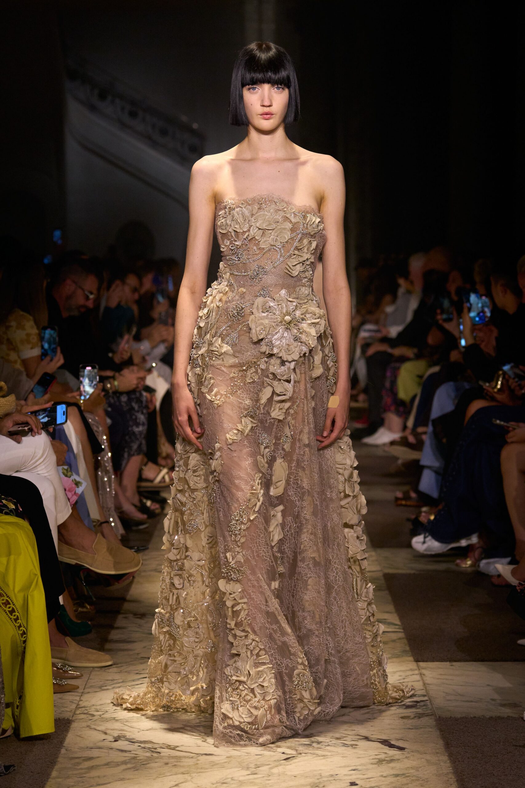 beige lace strapless gown