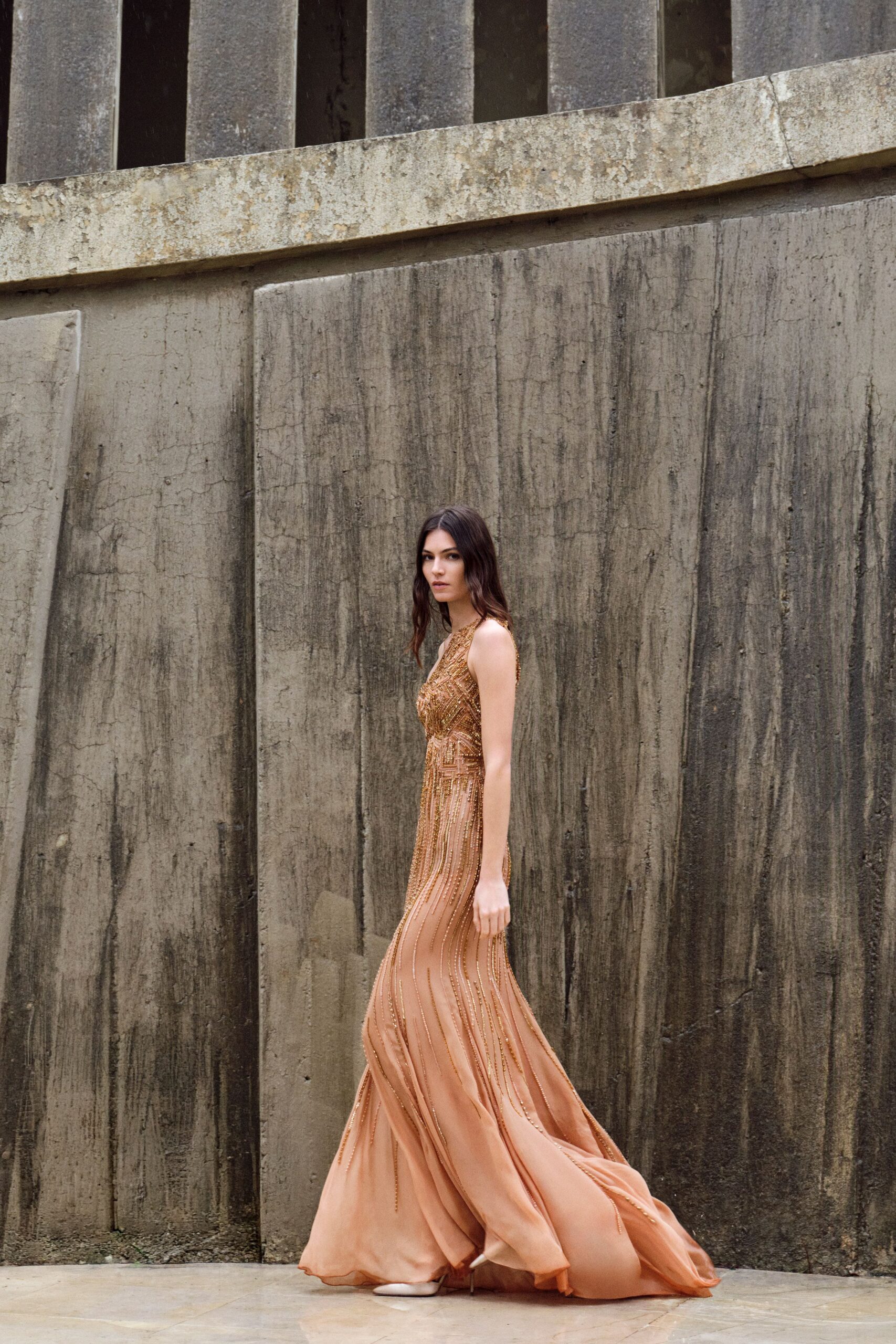 beige silk sleeveless gown