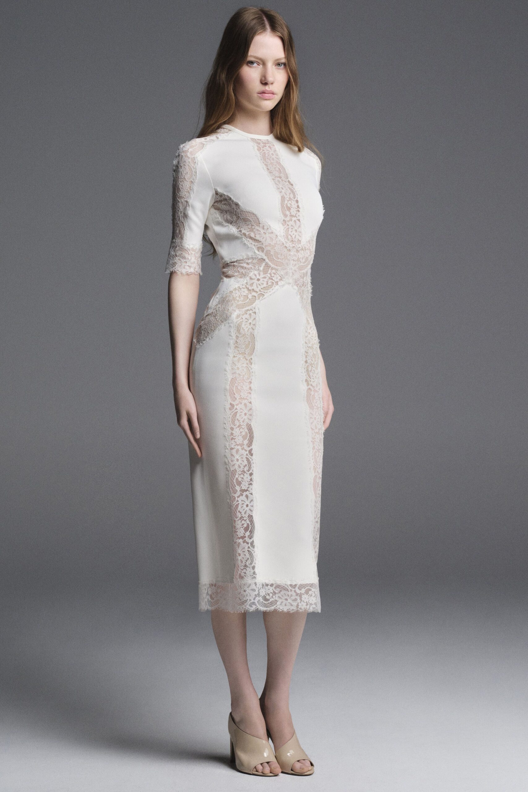 white silk short-sleeve high-neck fitted pleated embroidered dress