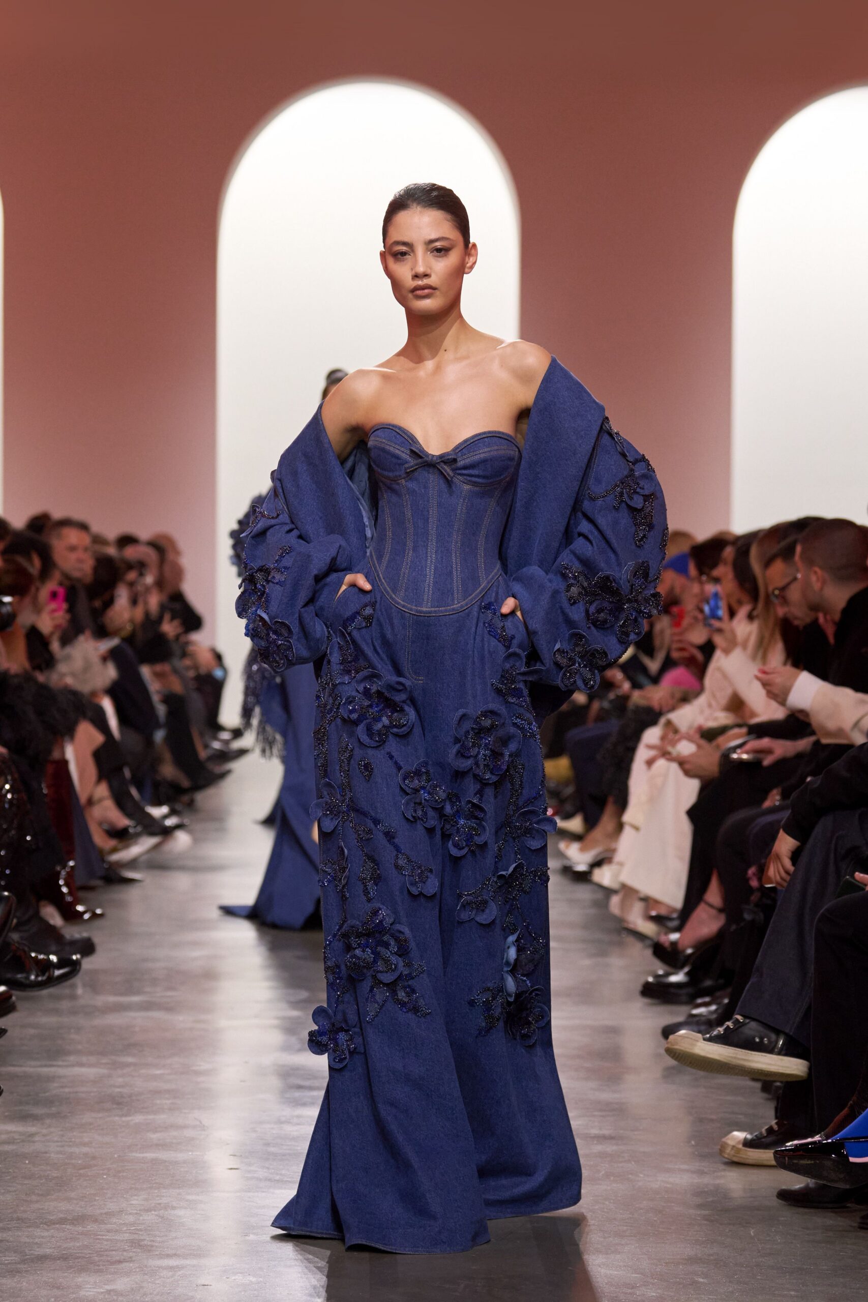 blue denim strapless fitted embroidered maxi gown