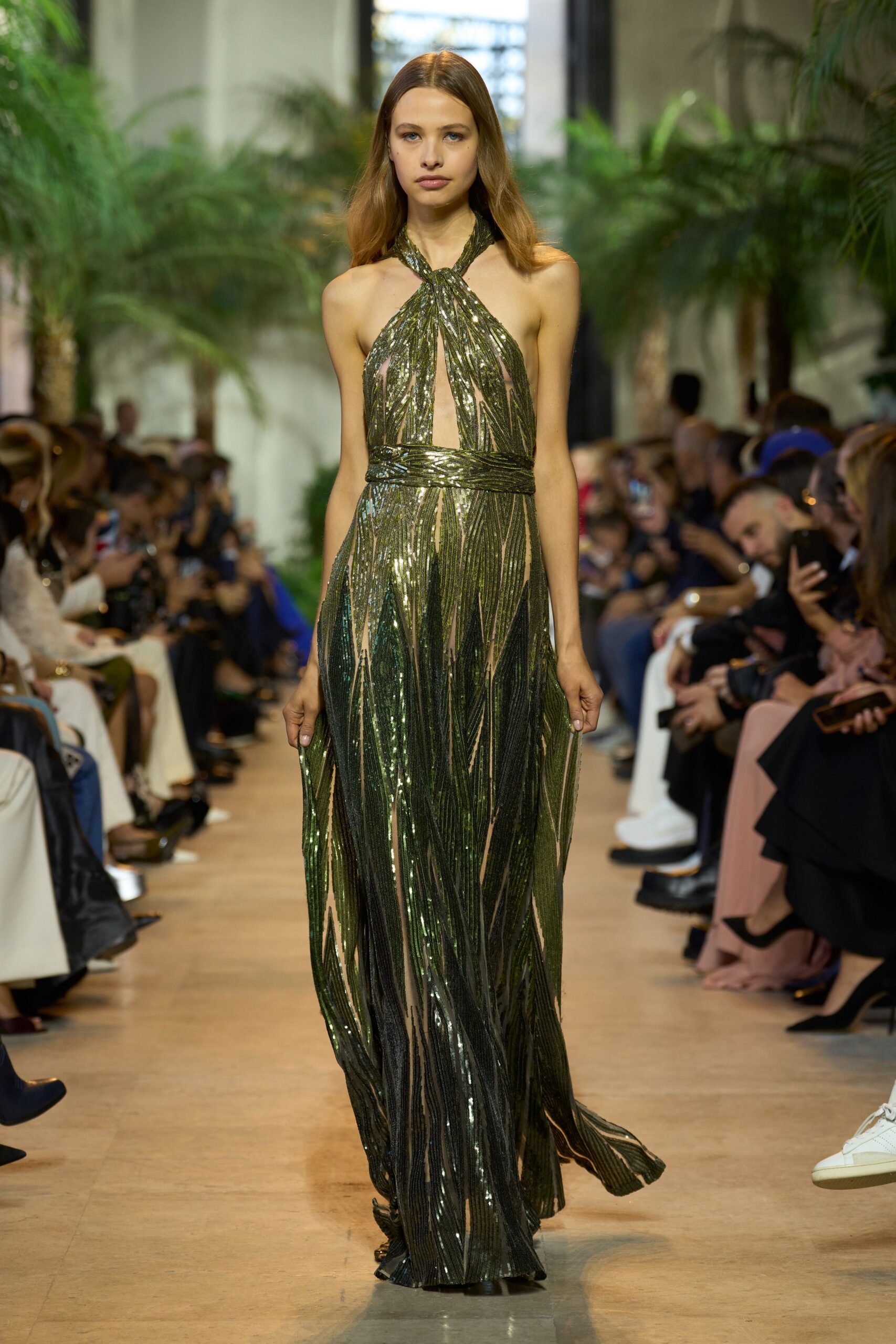 green gold pleated gown