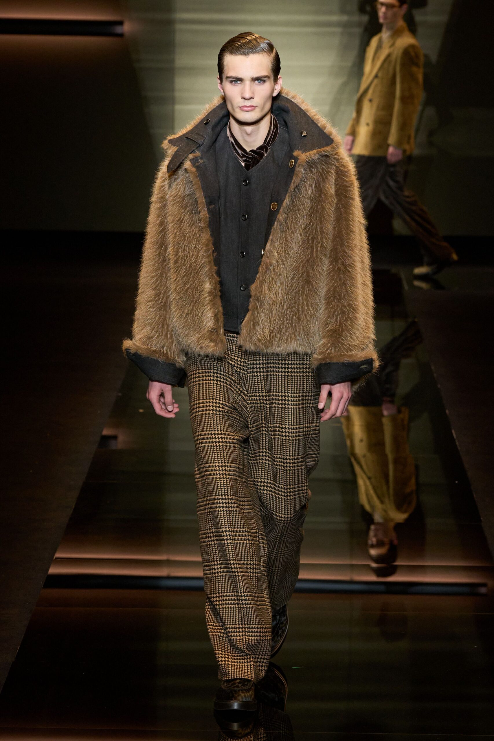 brown faux-fur coat with black shirt