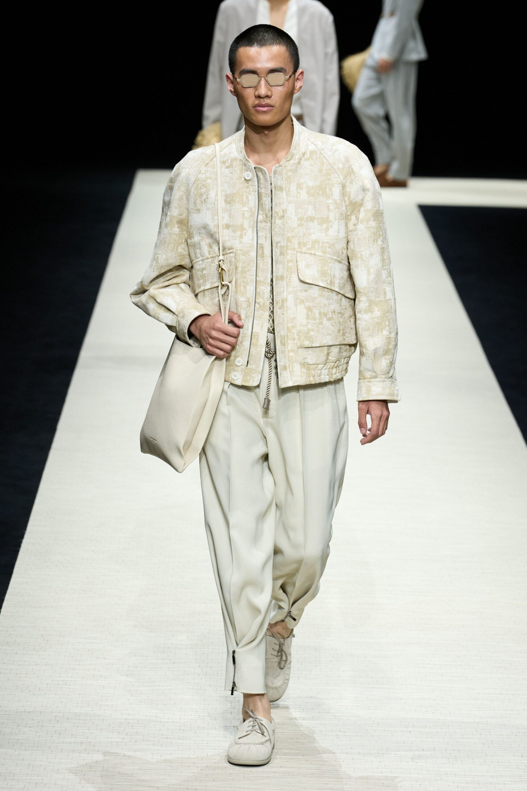beige relaxed jacket with white pants