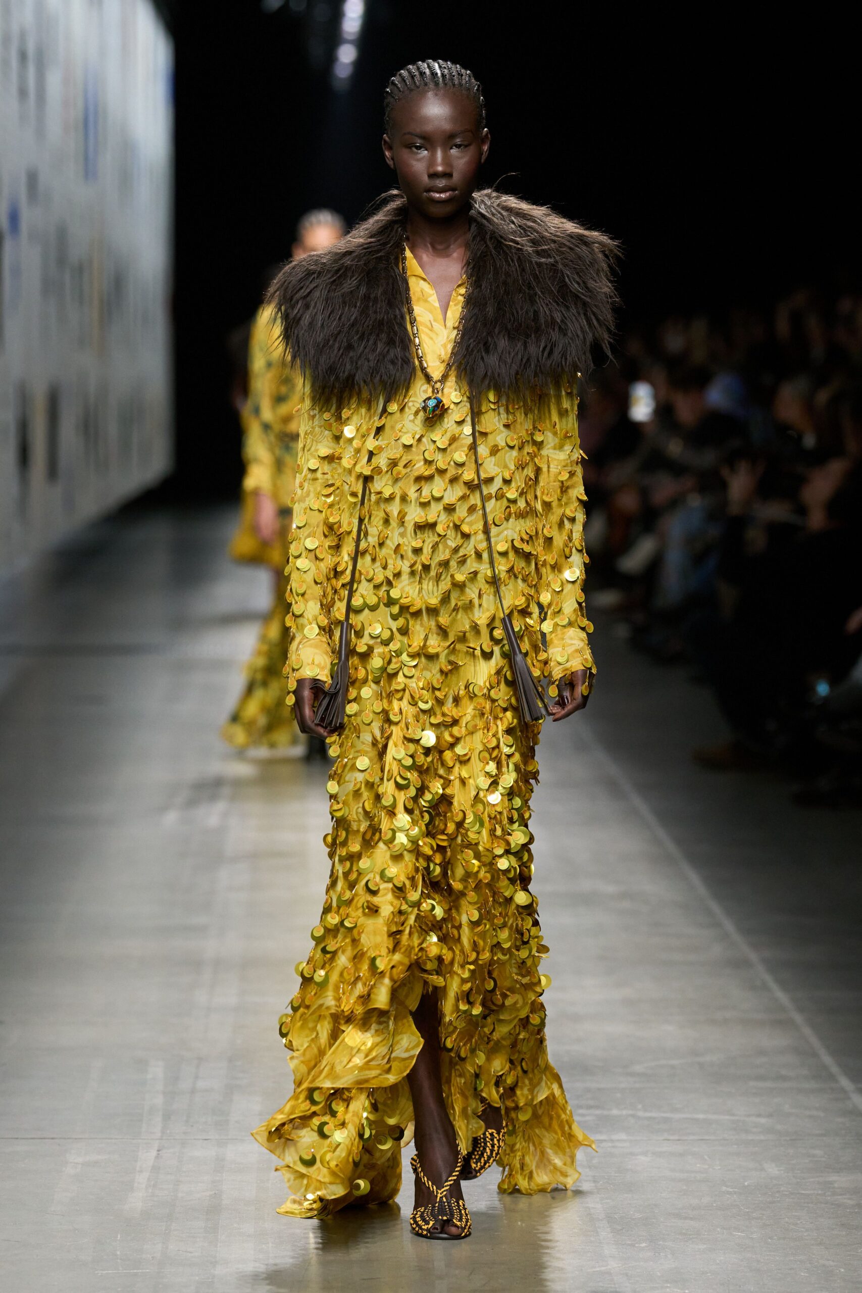 yellow silk long-sleeve v-neck fitted ruffled layered gown