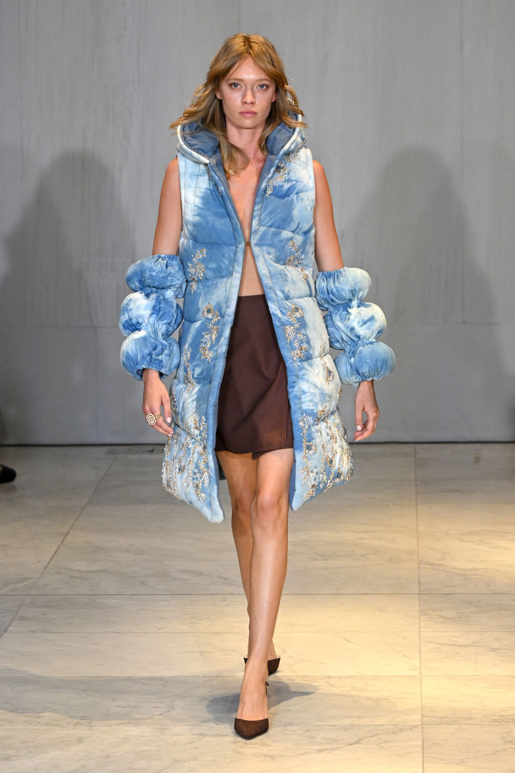 blue silk sleeveless collared fitted embroidered shiny coat