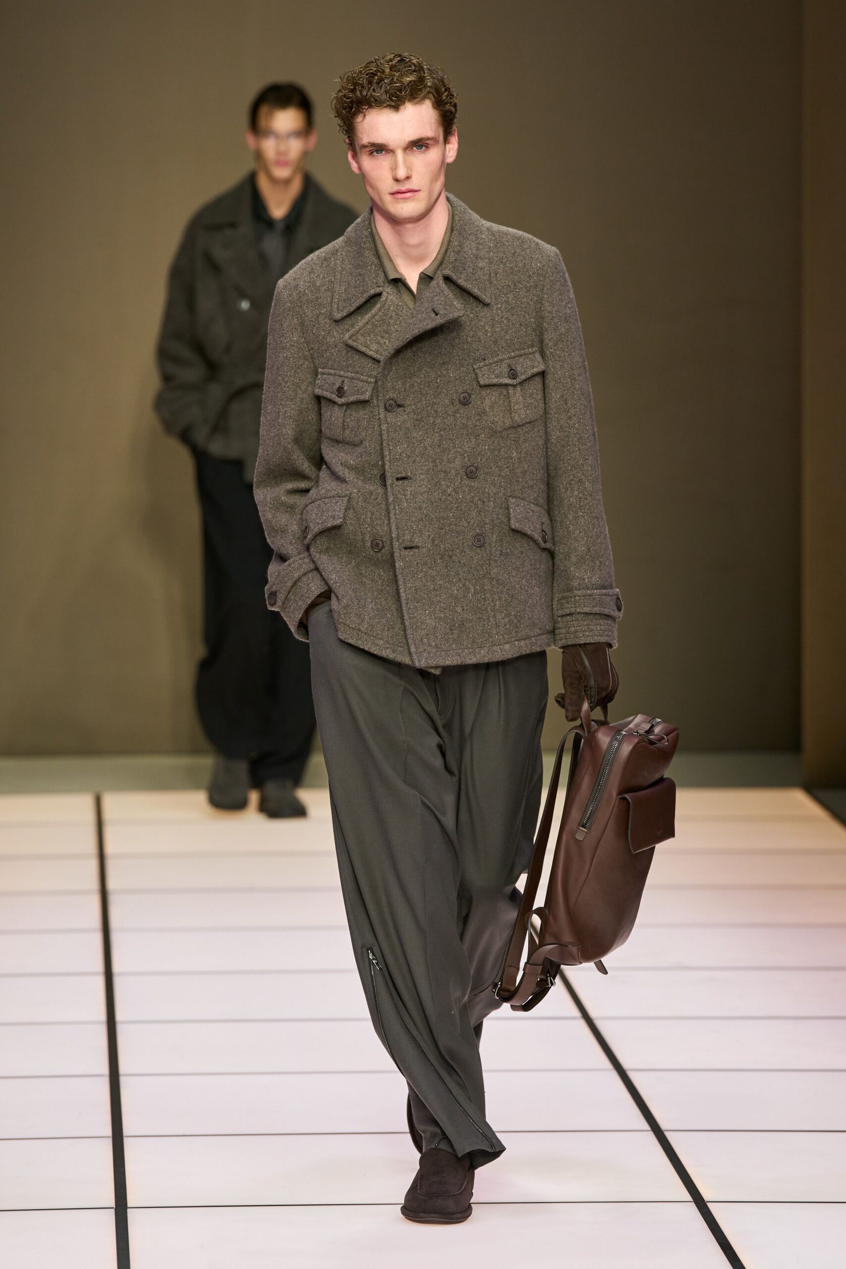 gray wool long-sleeve collared structured jacket