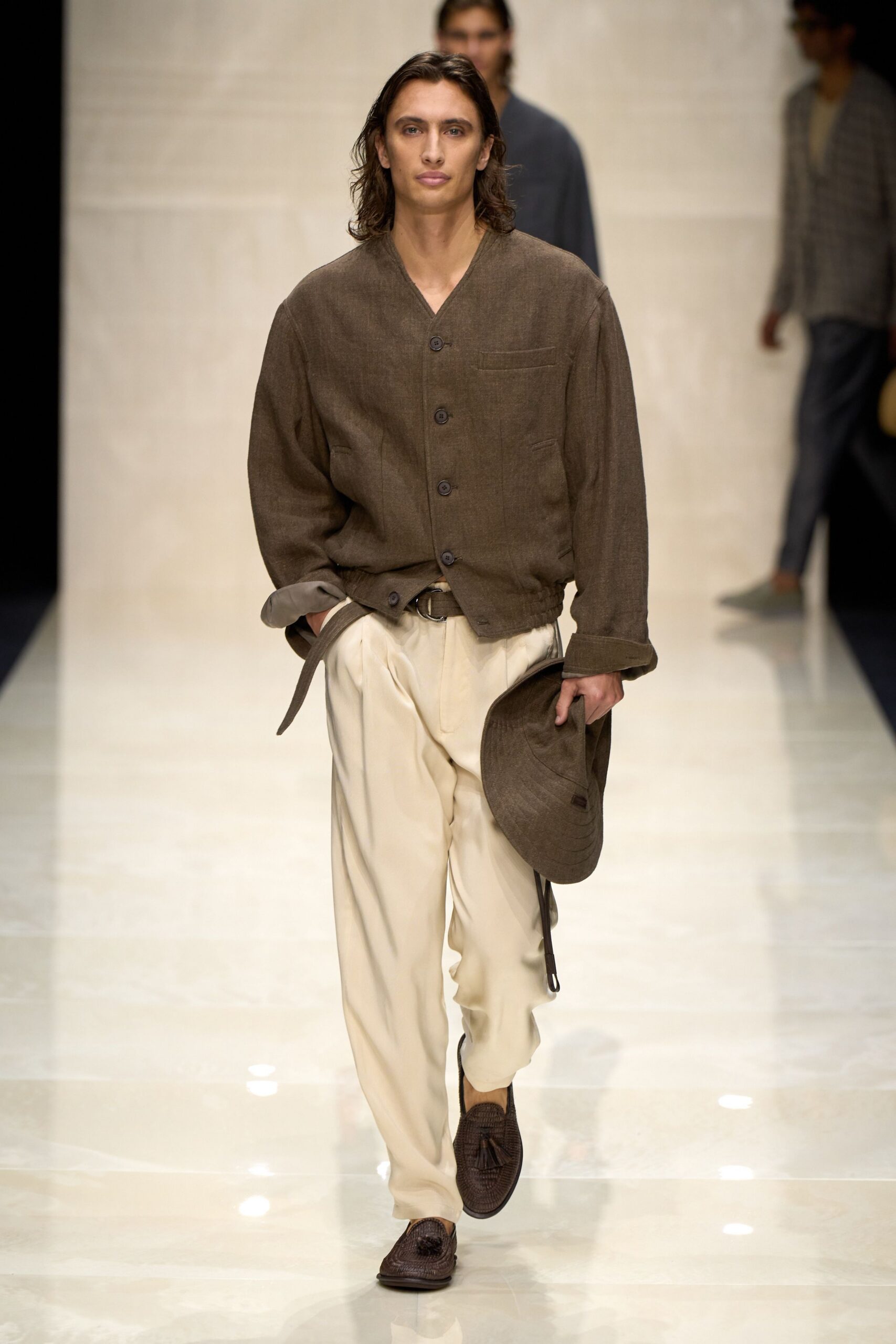 brown linen jacket and white pants