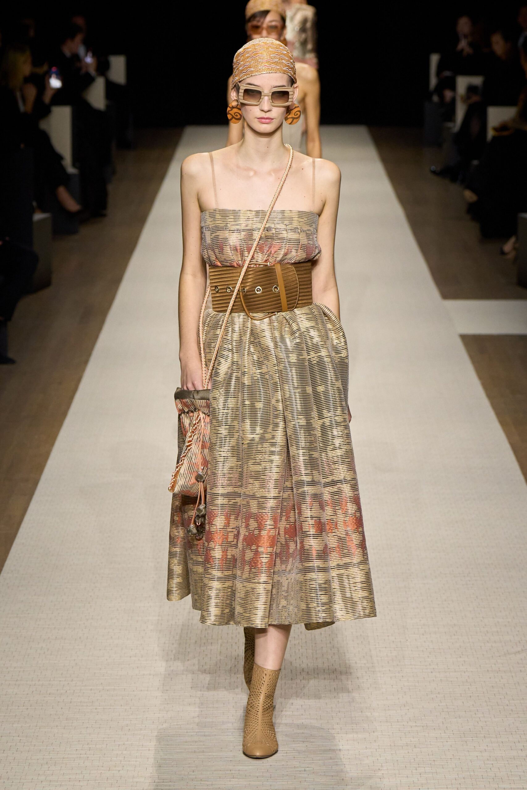 gold printed midi dress with belt