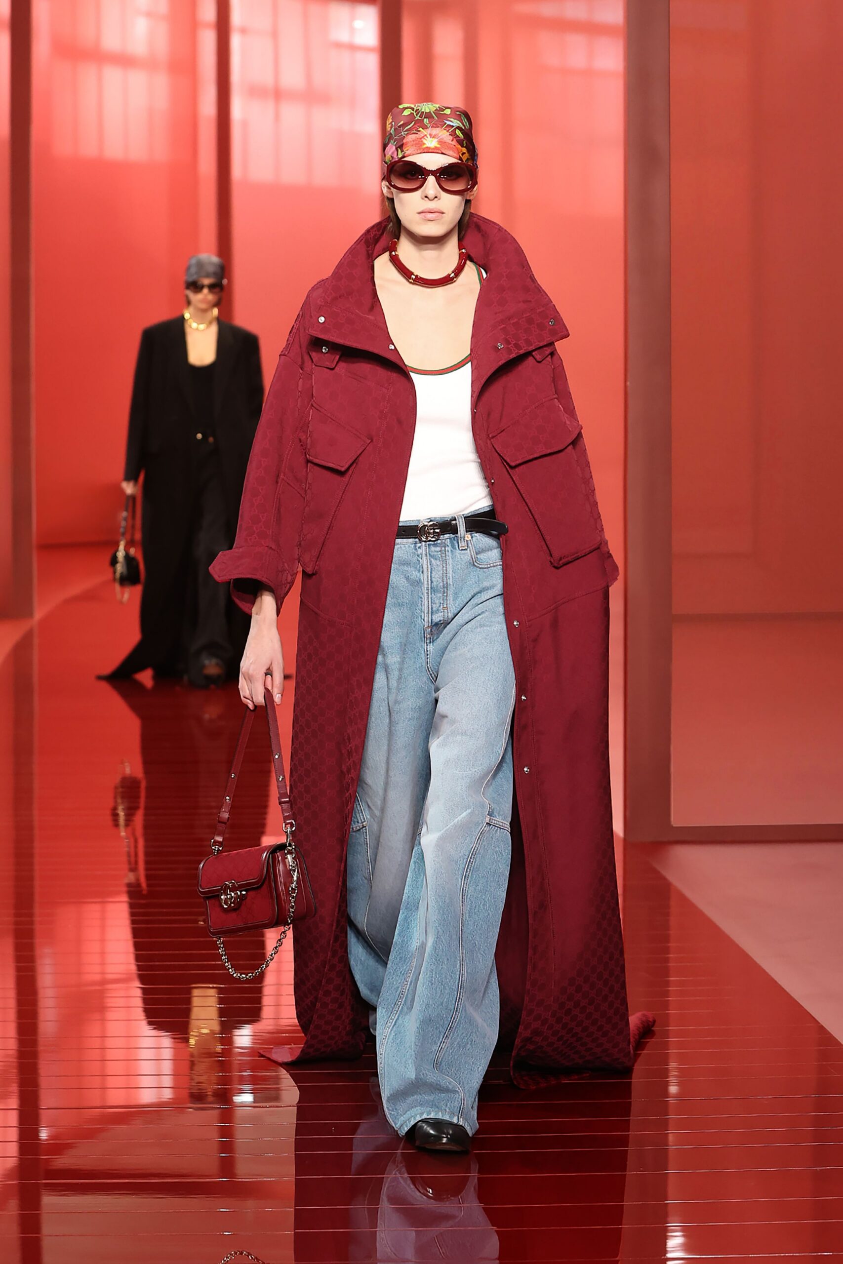 red cotton long-sleeve collared relaxed quilted maxi coat