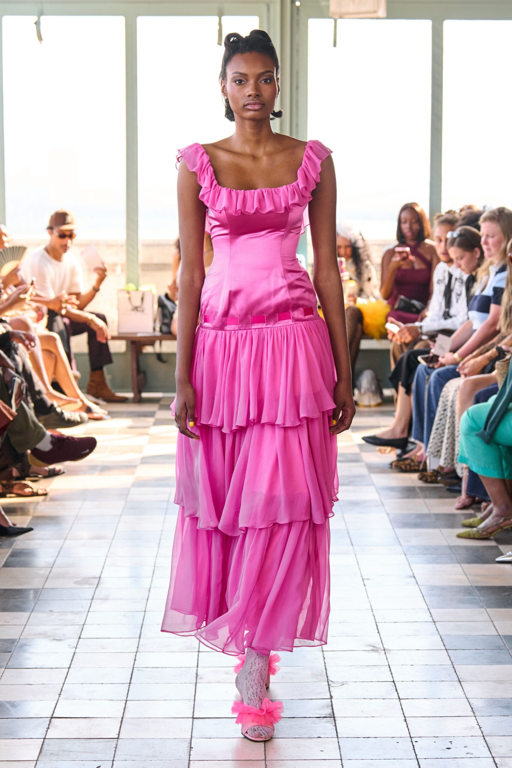 pink chiffon sleeveless v-neck fitted ruffled tiered dress