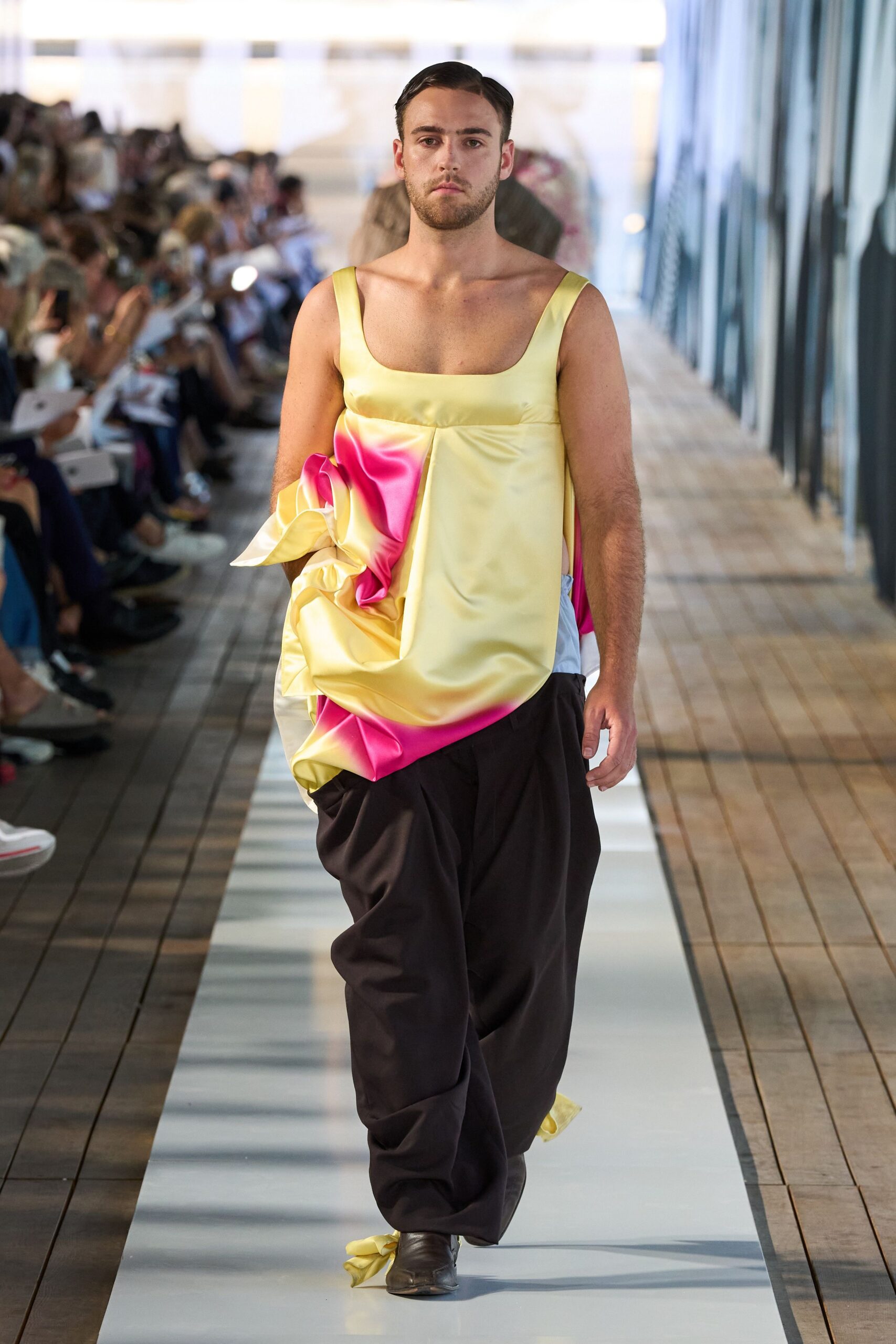yellow silk sleeveless v-neck relaxed draped flowing top