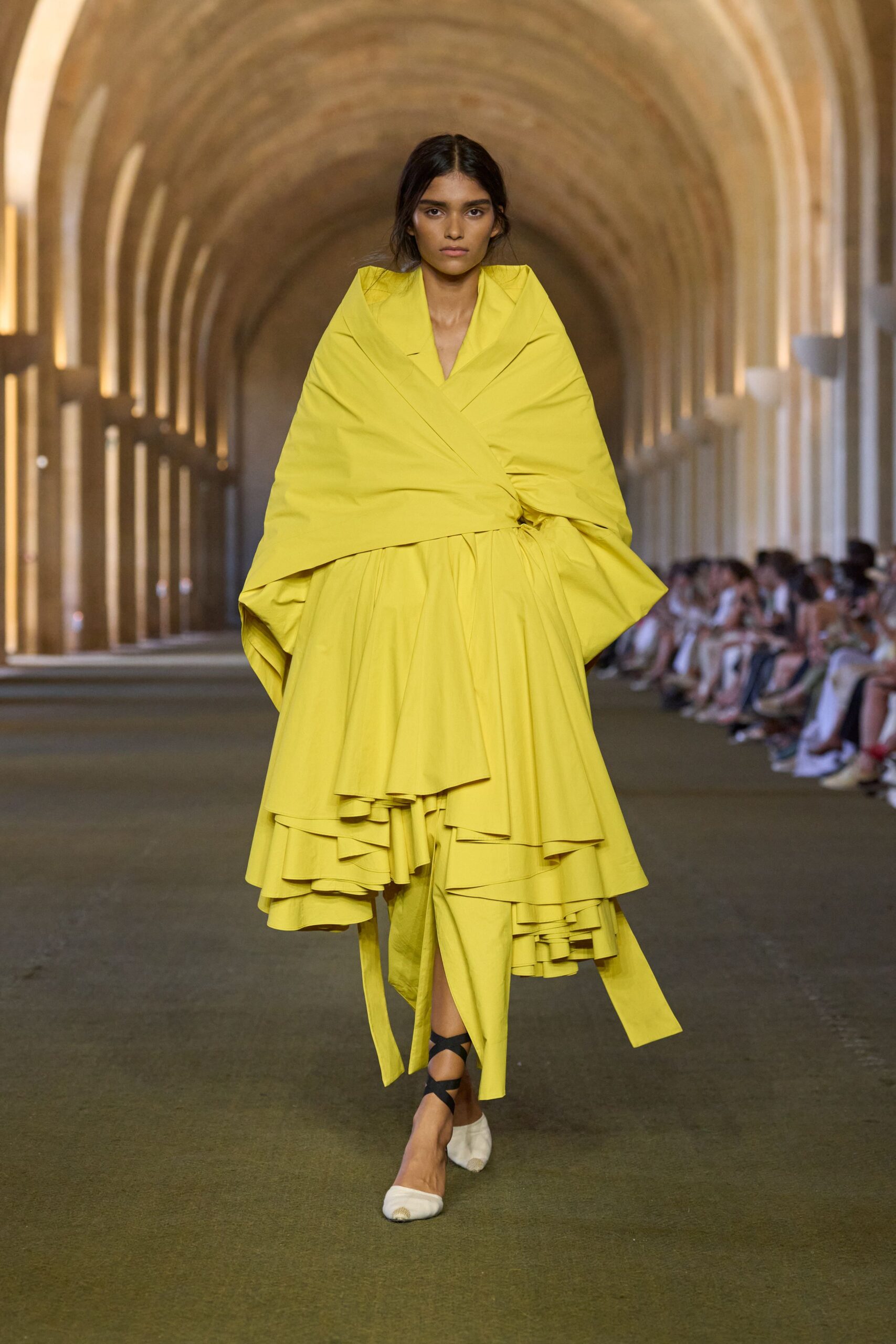 yellow cotton sleeveless v-neck fitted layered pleated dress