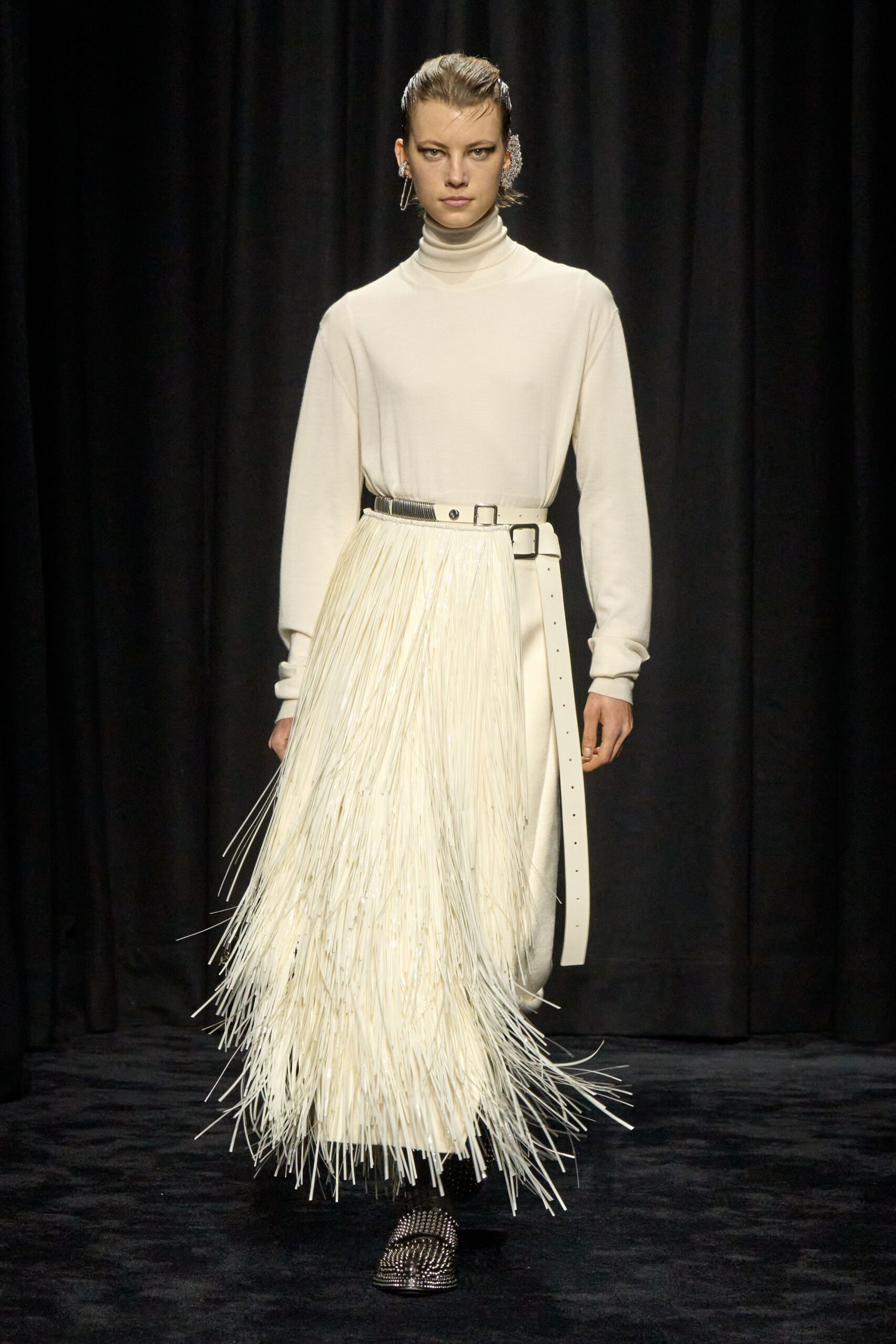 white fringed maxi dress with belt