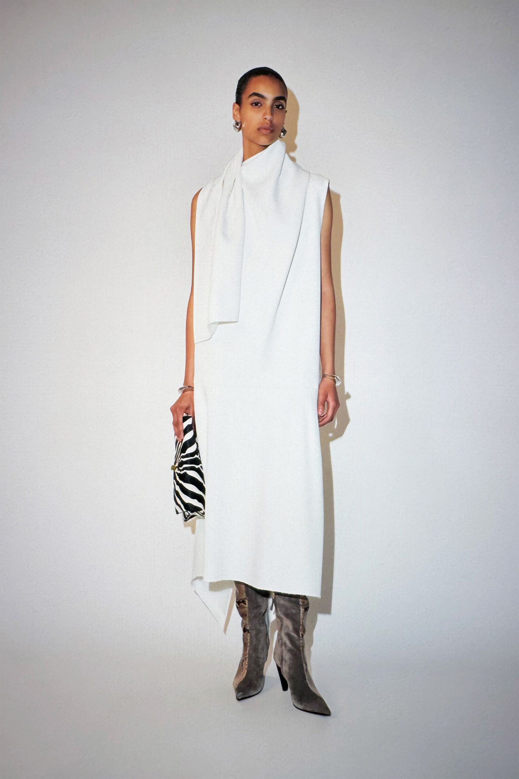white wool sleeveless high-neck relaxed draped midi dress