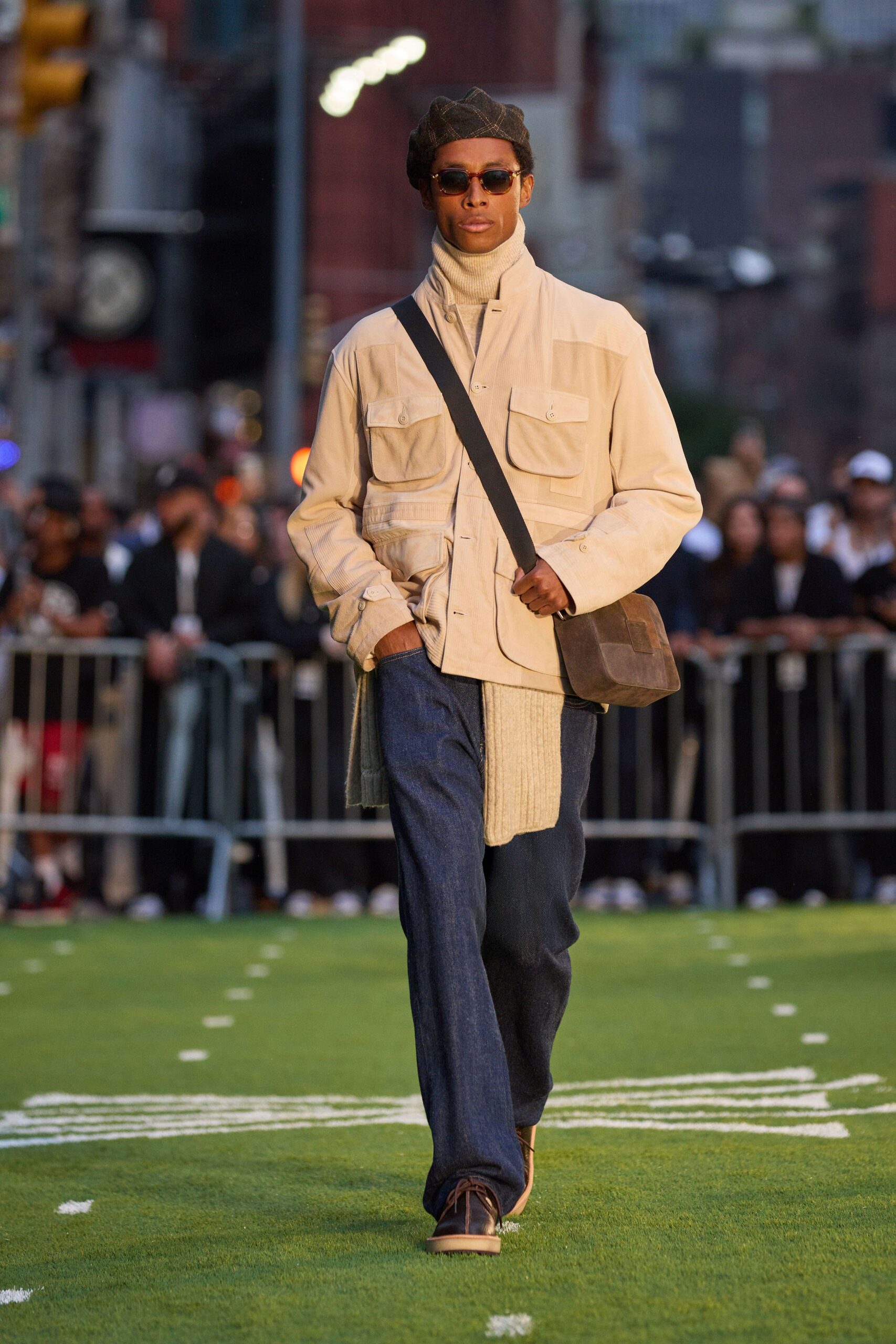 beige cotton jacket with blue denim pants