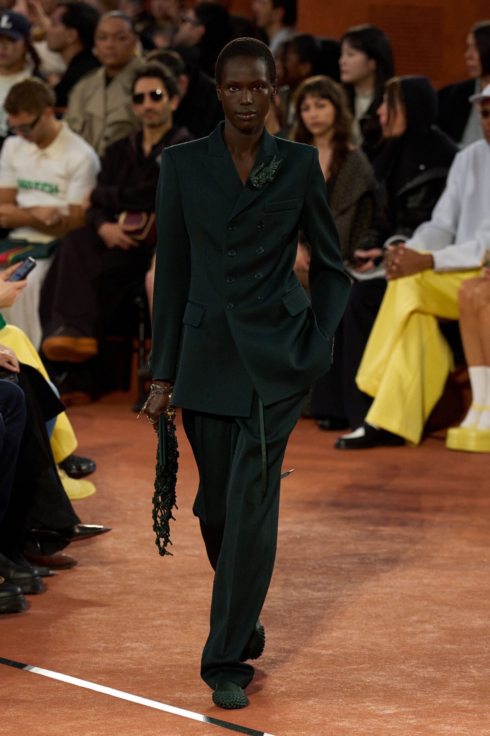 green wool tailored straight-leg pants